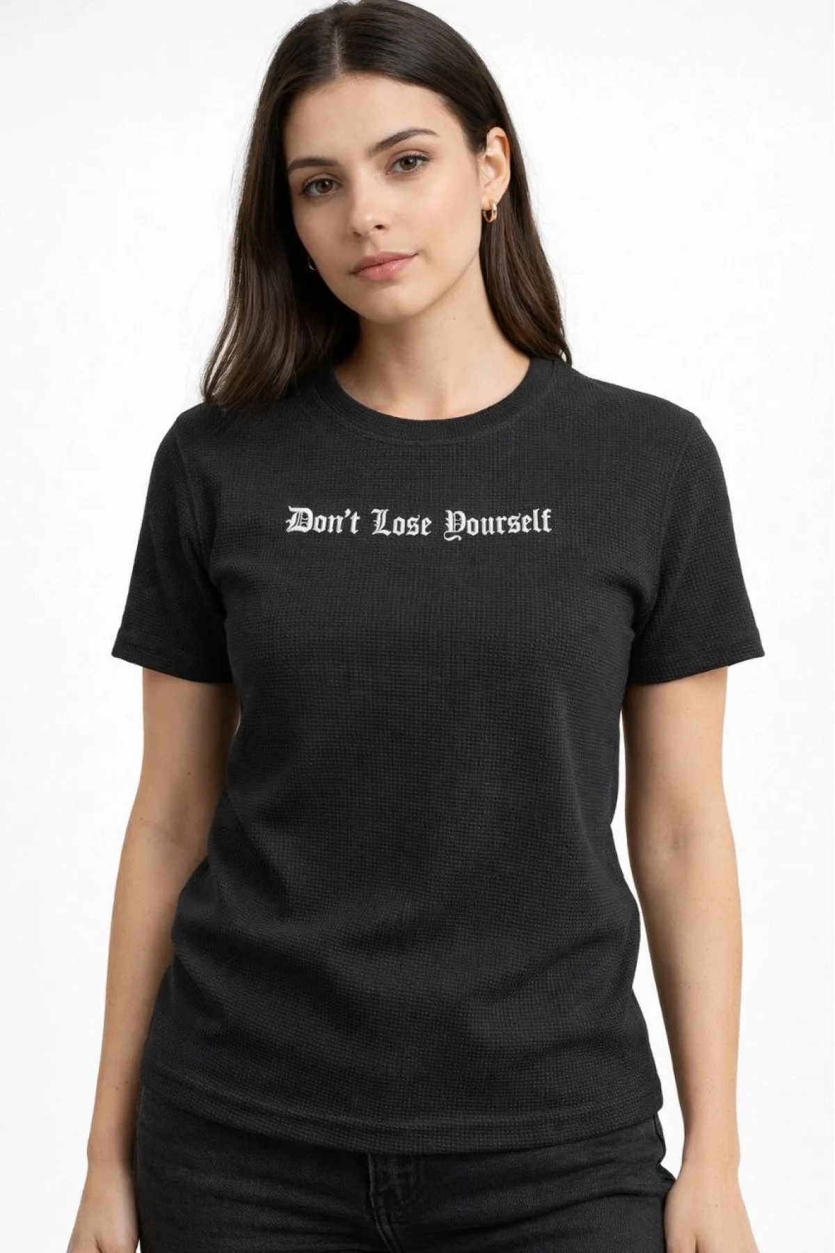 Kadın Wafıl Kumaş Tişört Regular Kalıp Bisiklet Yaka Baskılı Günlük Basic T-Shirt - Siyah