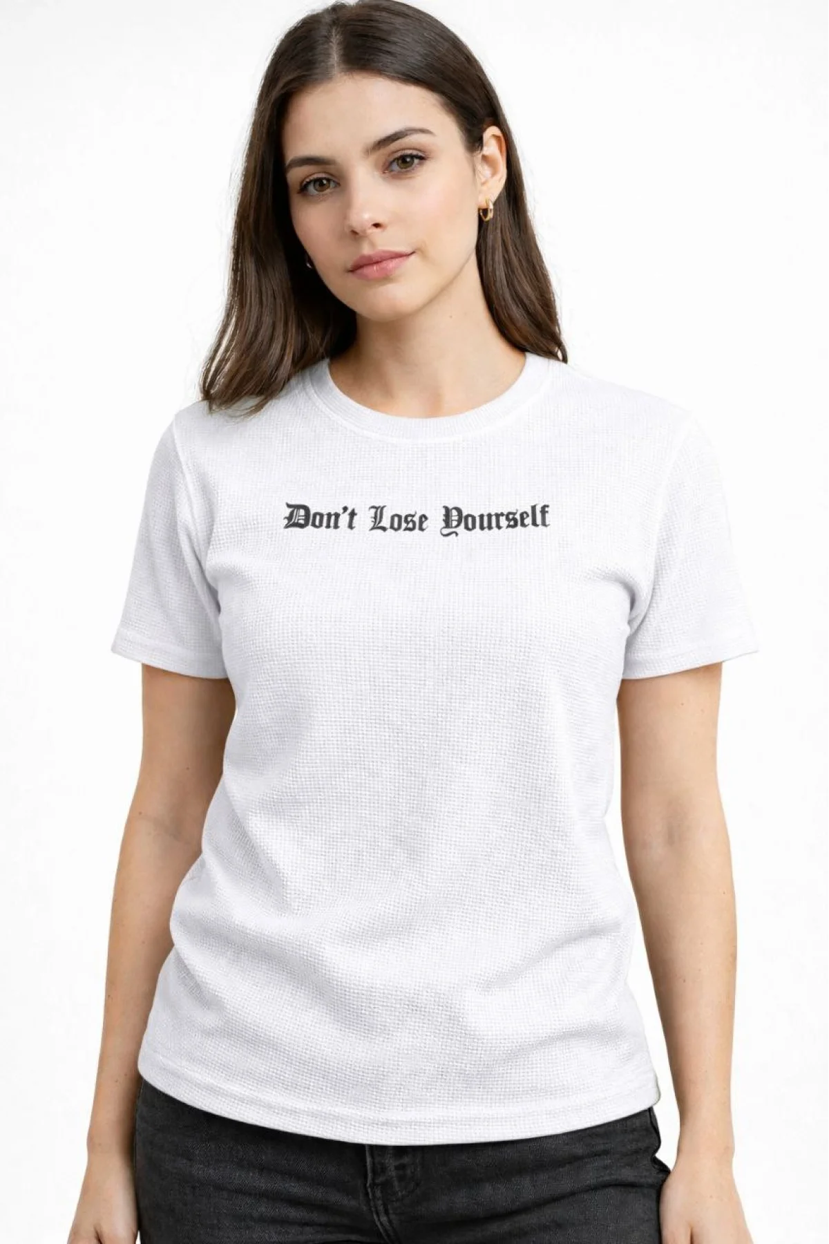 Kadın Wafıl Kumaş Tişört Regular Kalıp Bisiklet Yaka Baskılı Günlük Basic T-Shirt - Beyaz