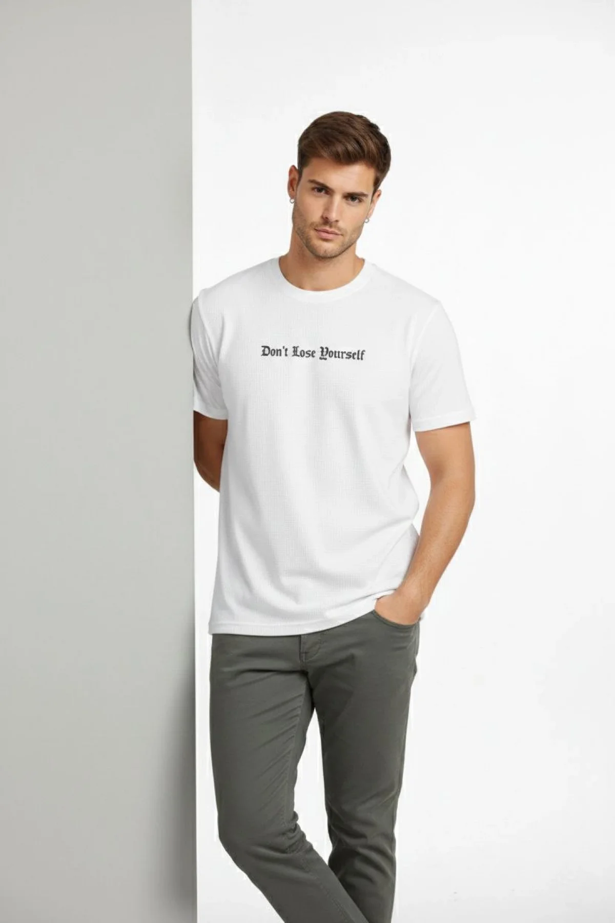 Erkek Wafıl Kumaş Tişört Regular Kalıp Bisiklet Yaka Baskılı Günlük Basic T-Shirt - Beyaz