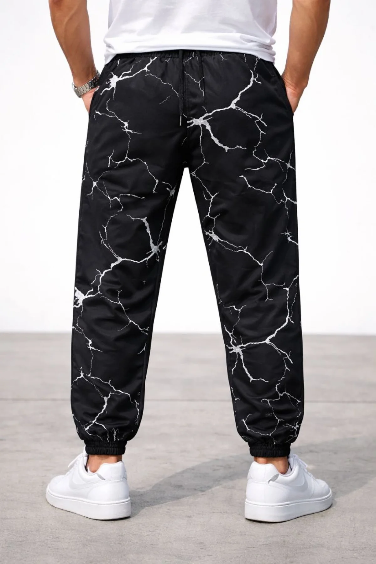 Erkek Dijital Baskılı Eşofman Altı Üç İplik Şardonlu Lastikli Paça Cepli Kalıp - Siyah