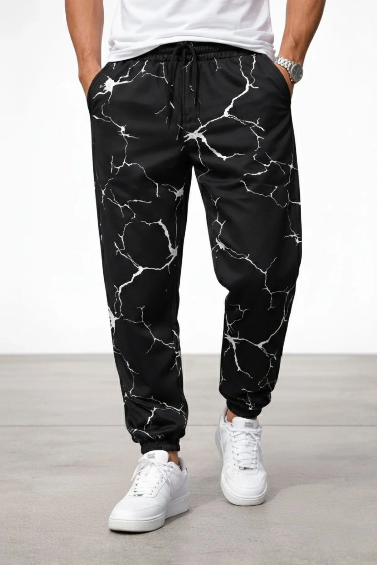 Erkek Dijital Baskılı Eşofman Altı Üç İplik Şardonlu Lastikli Paça Cepli Kalıp - Siyah