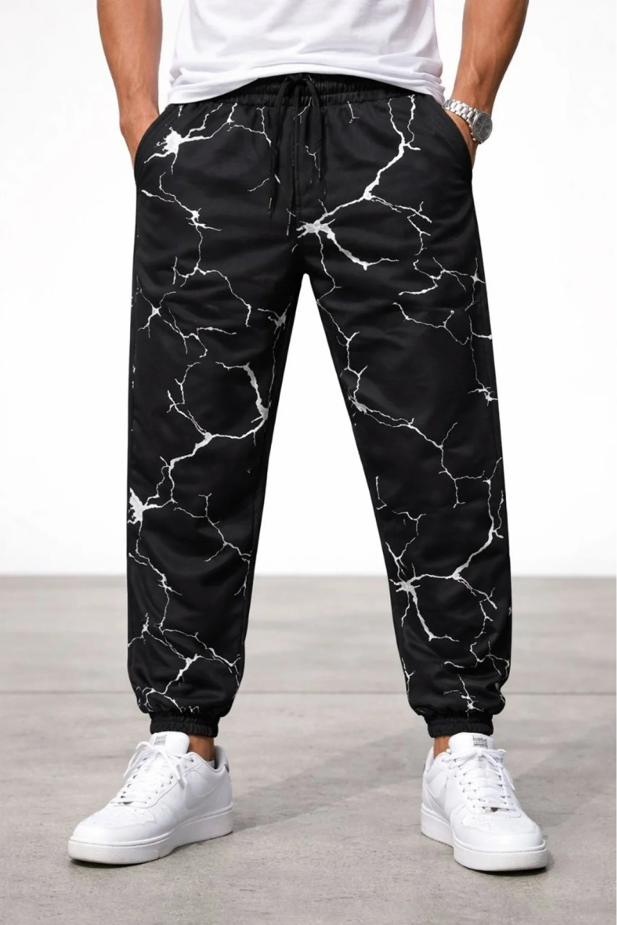 Erkek Dijital Baskılı Eşofman Altı Üç İplik Şardonlu Lastikli Paça Cepli Kalıp - Siyah