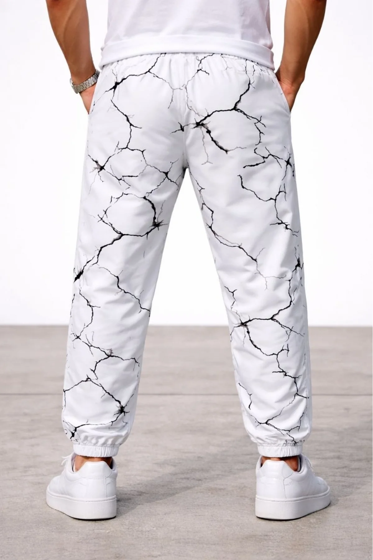 Erkek Dijital Baskılı Eşofman Altı Üç İplik Şardonlu Lastikli Paça Cepli Kalıp - Beyaz