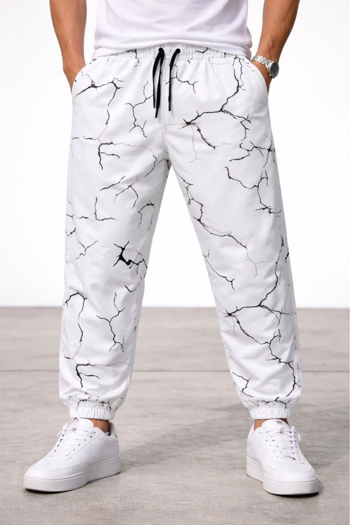 Erkek Dijital Baskılı Eşofman Altı Üç İplik Şardonlu Lastikli Paça Cepli Kalıp - Beyaz