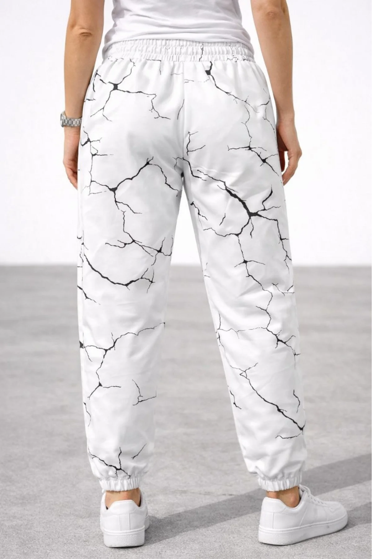 Kadın Dijital Baskılı Eşofman Altı Üç İplik Şardonlu Lastikli Paça Cepli Kalıp - Beyaz