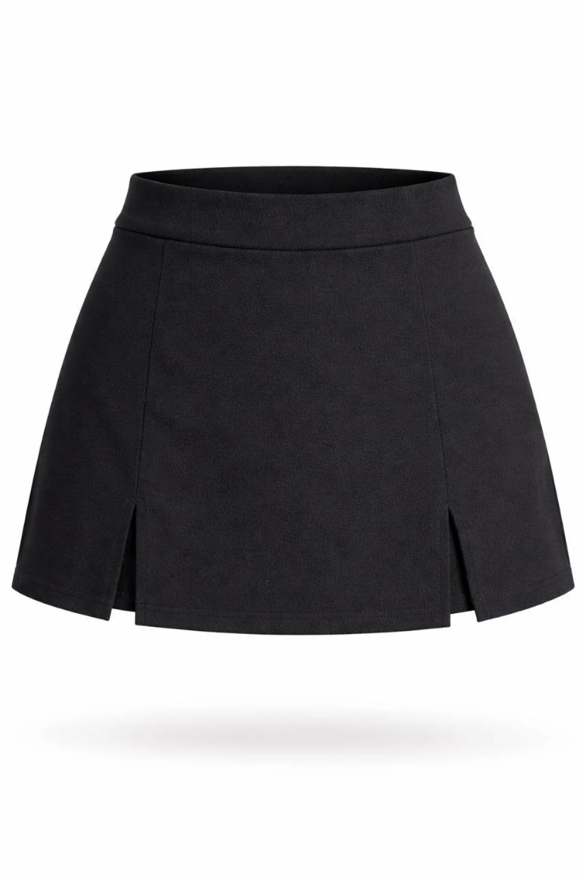 Kadın Siyah Krep Şortlu Etek Mini Boy Yırtmaç Detaylı Yüksek Bel Tasarım - Siyah