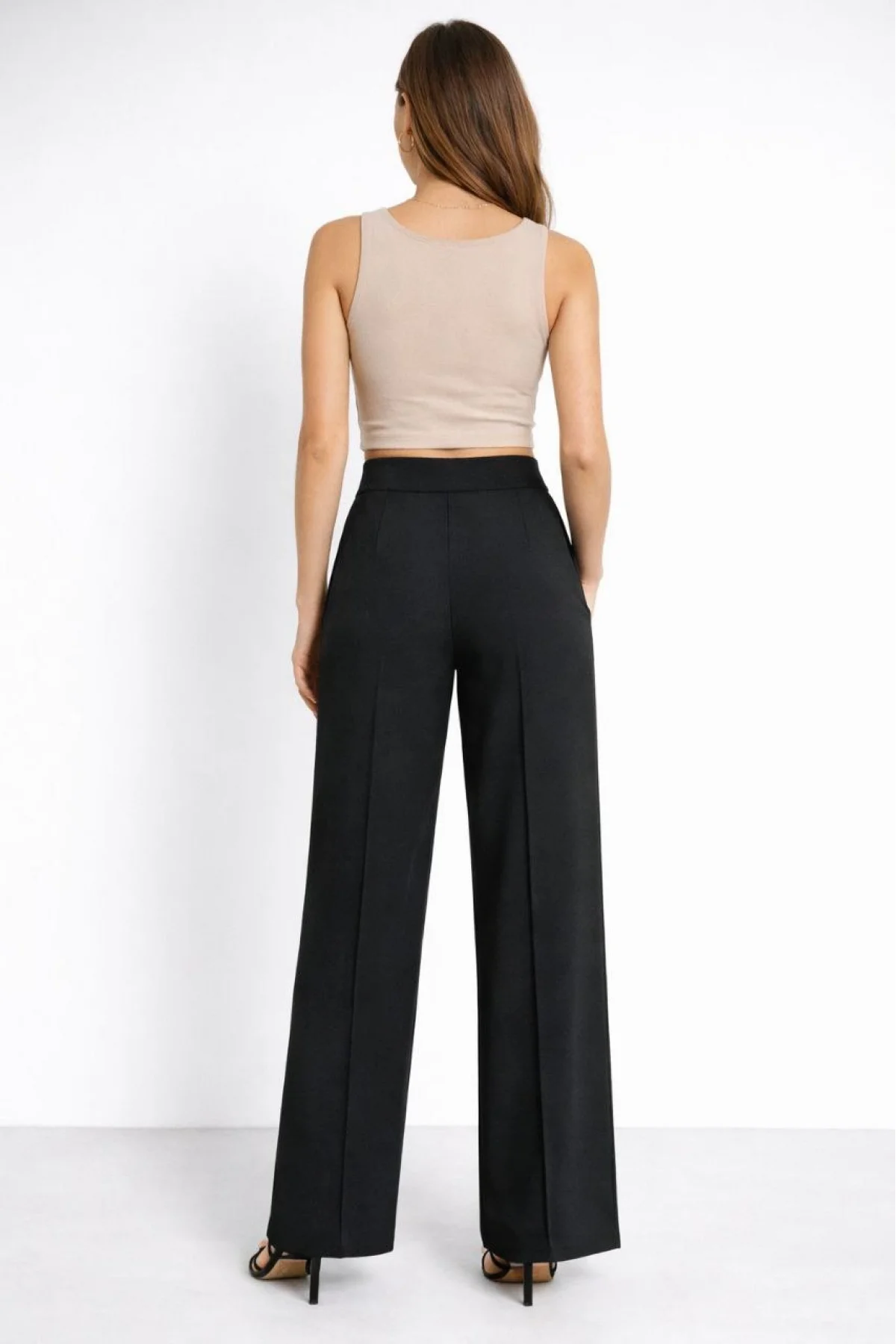 Yüksek Bel Palazzo Pantolon Çima Dikişli Bol Paça Akıcı ve Ofis Şıklığı Kadın - Siyah
