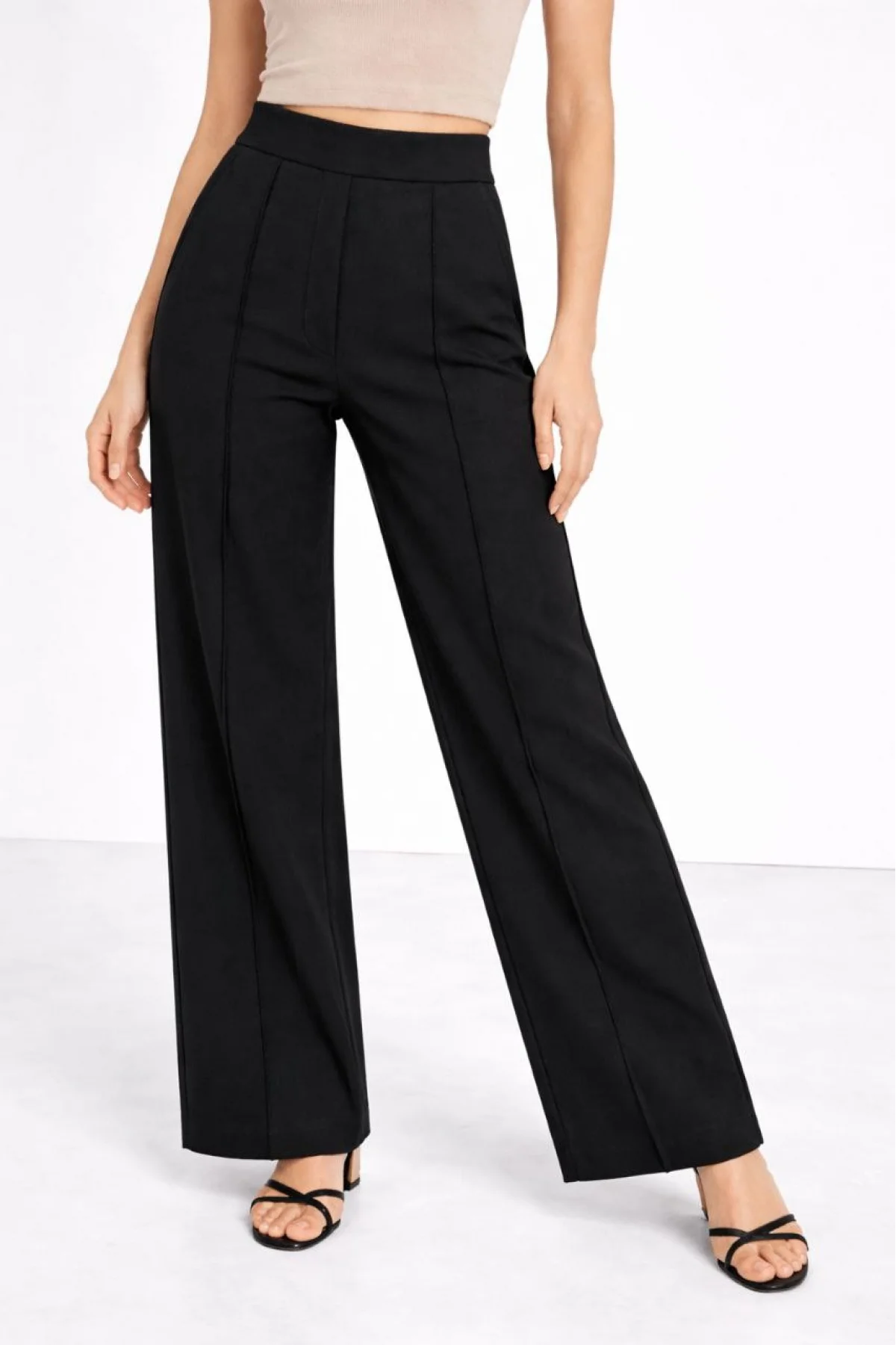 Yüksek Bel Palazzo Pantolon Çima Dikişli Bol Paça Akıcı ve Ofis Şıklığı Kadın - Siyah