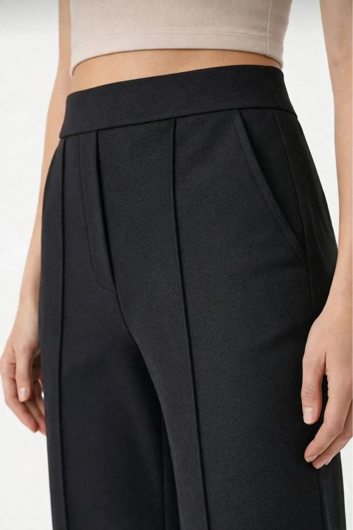 Yüksek Bel Palazzo Pantolon Çima Dikişli Bol Paça Akıcı ve Ofis Şıklığı Kadın - Siyah