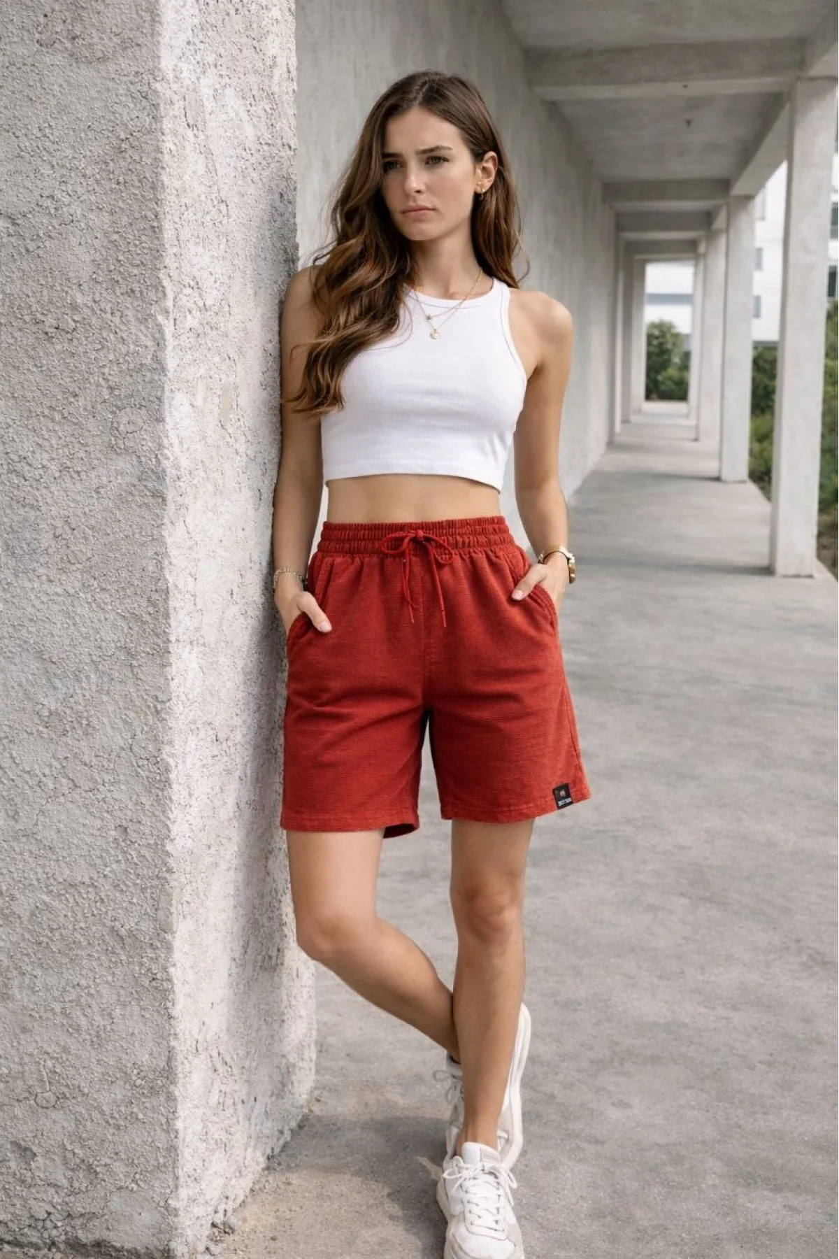 Kadın Dokuma otoban Şort Beli Lastikli Bağcıklı Cepli Kesim Şort - Turuncu