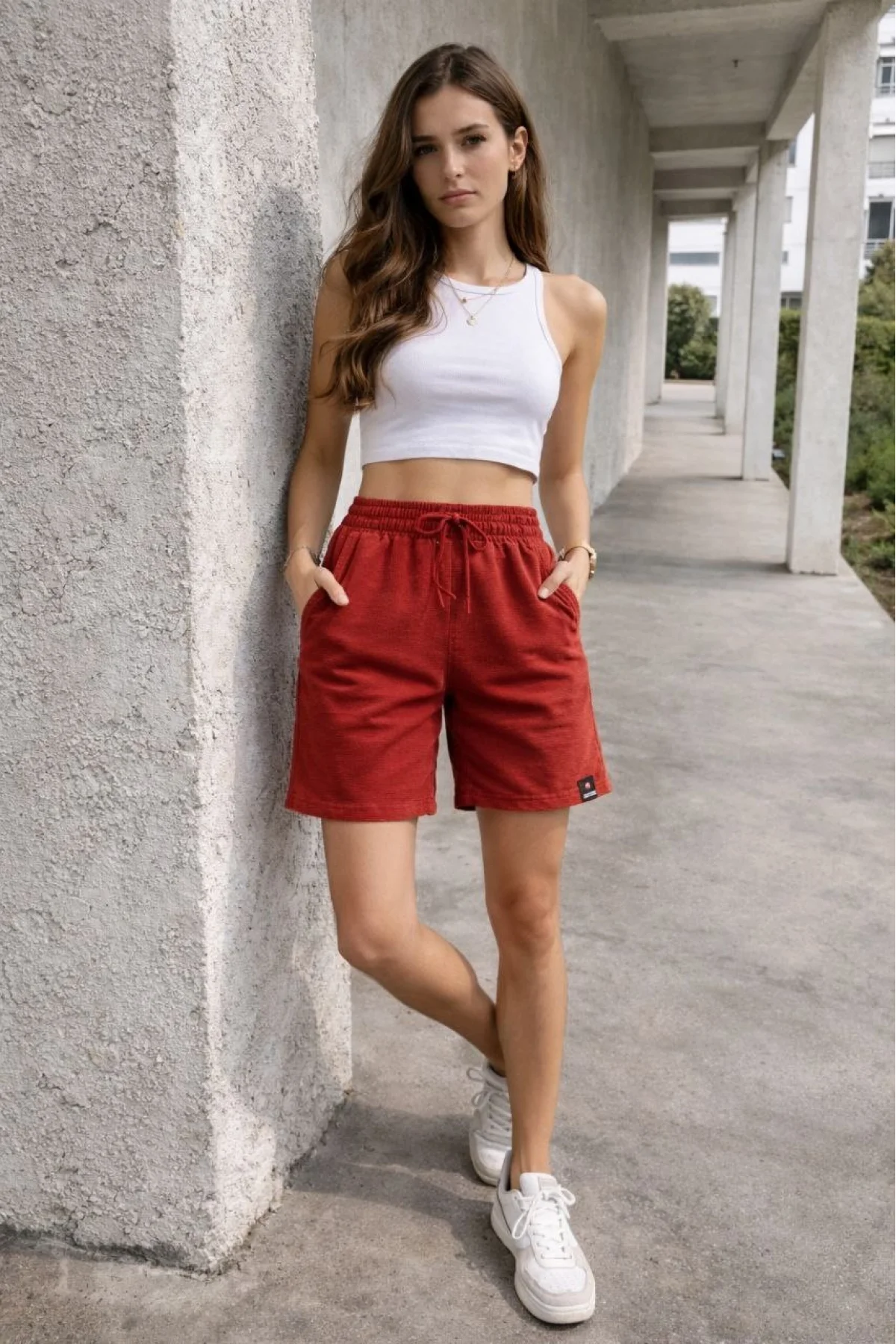 Kadın Dokuma otoban Şort Beli Lastikli Bağcıklı Cepli Kesim Şort - Turuncu