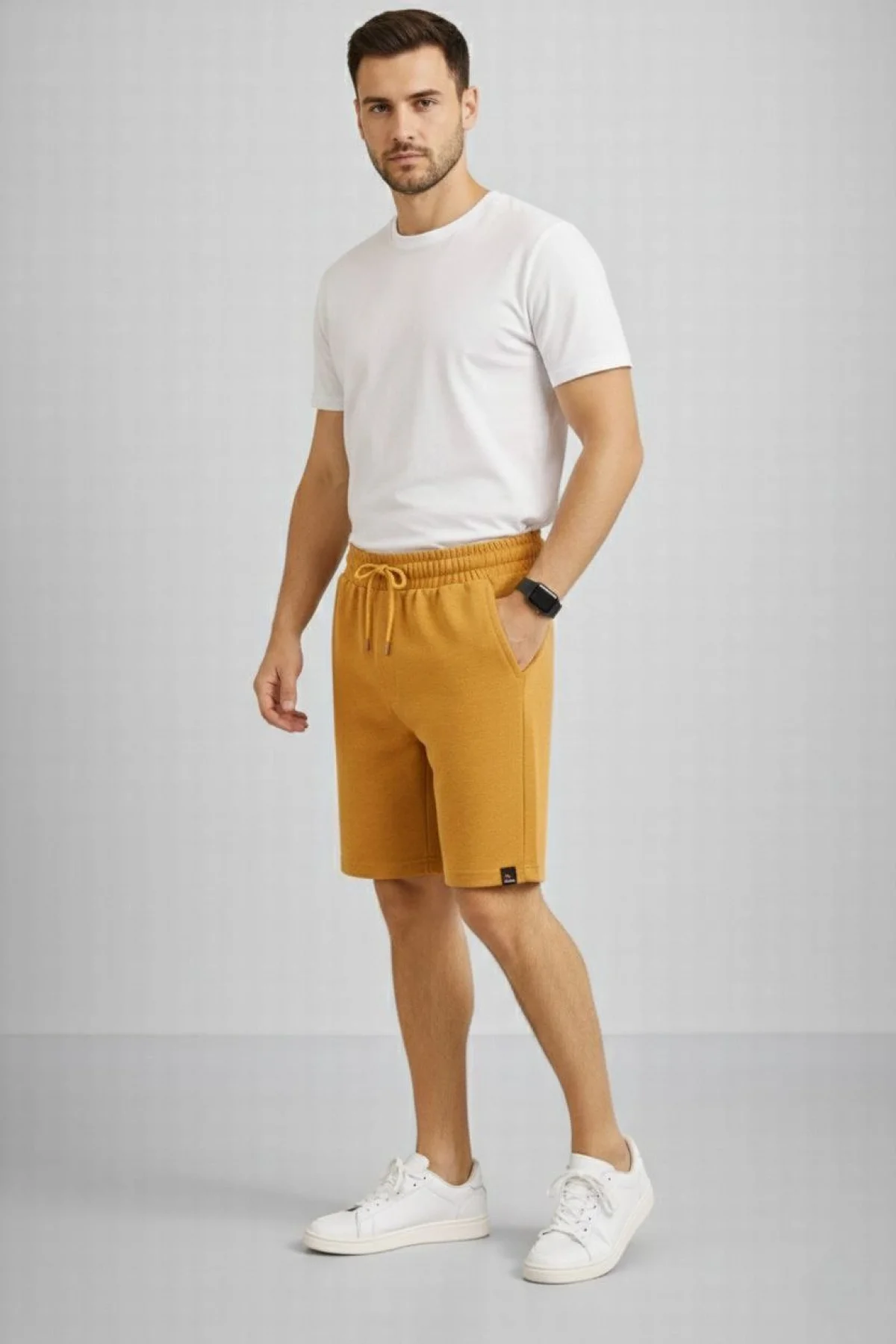 Erkek otoban Dokuma Şort Beli Lastikli Bağcıklı, Cepli, Rahat Kesim Günlük Yazlık Şort - Hardal
