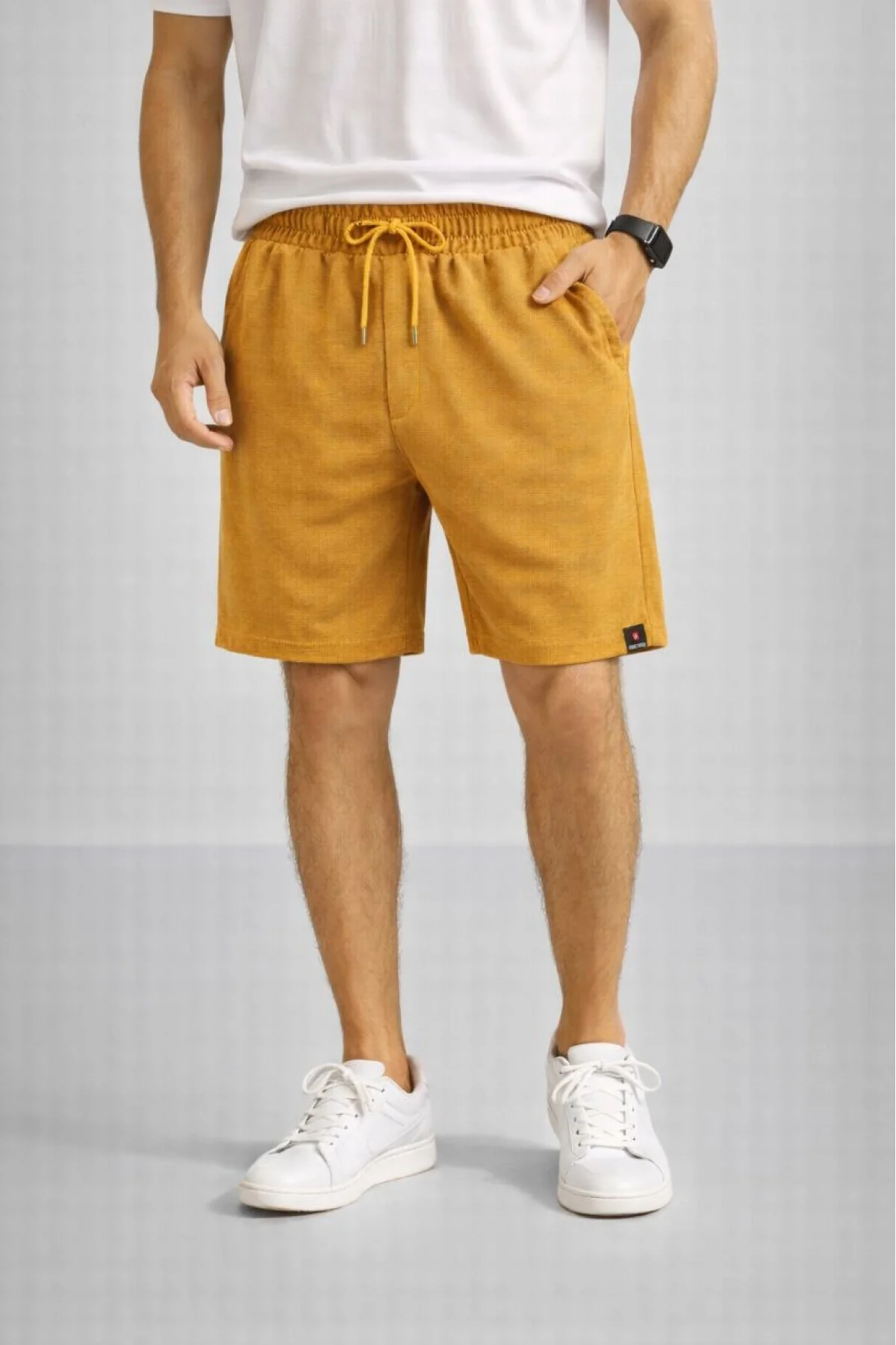 Erkek otoban Dokuma Şort Beli Lastikli Bağcıklı, Cepli, Rahat Kesim Günlük Yazlık Şort - Hardal