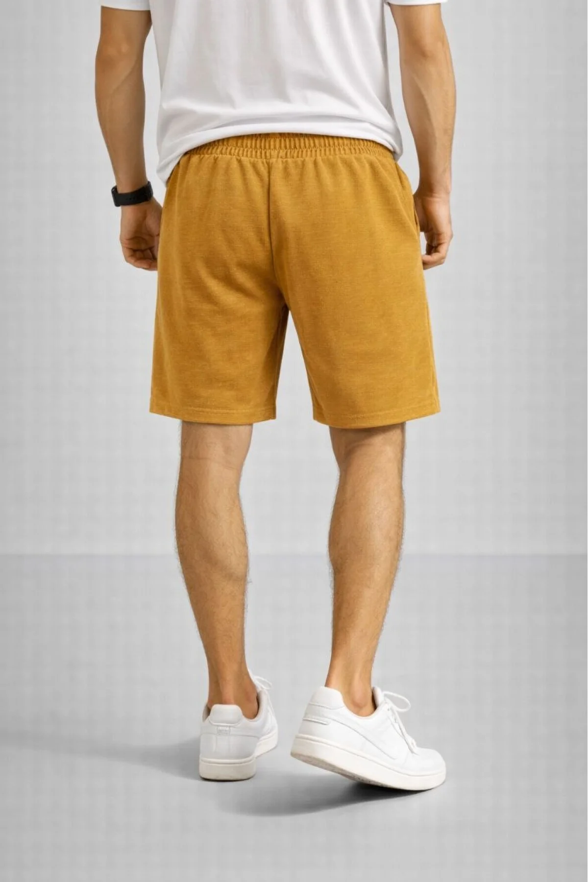 Erkek otoban Dokuma Şort Beli Lastikli Bağcıklı, Cepli, Rahat Kesim Günlük Yazlık Şort - Hardal