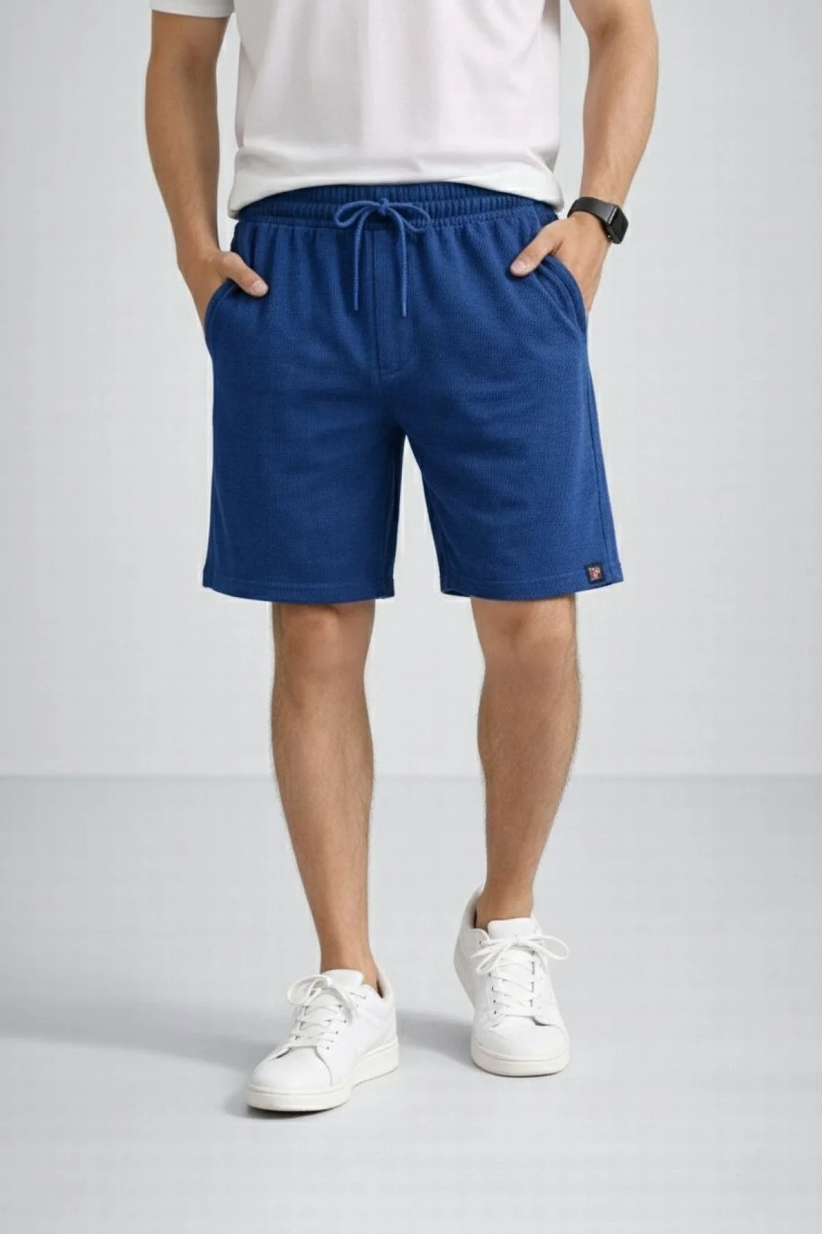 Erkek otoban Dokuma Şort Beli Lastikli Bağcıklı, Cepli, Rahat Kesim Günlük Yazlık Şort - İndigo
