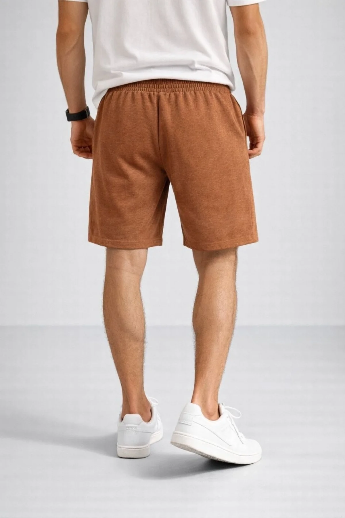 Erkek otoban Dokuma Şort Beli Lastikli Bağcıklı, Cepli, Rahat Kesim Günlük Yazlık Şort - Kahverengi