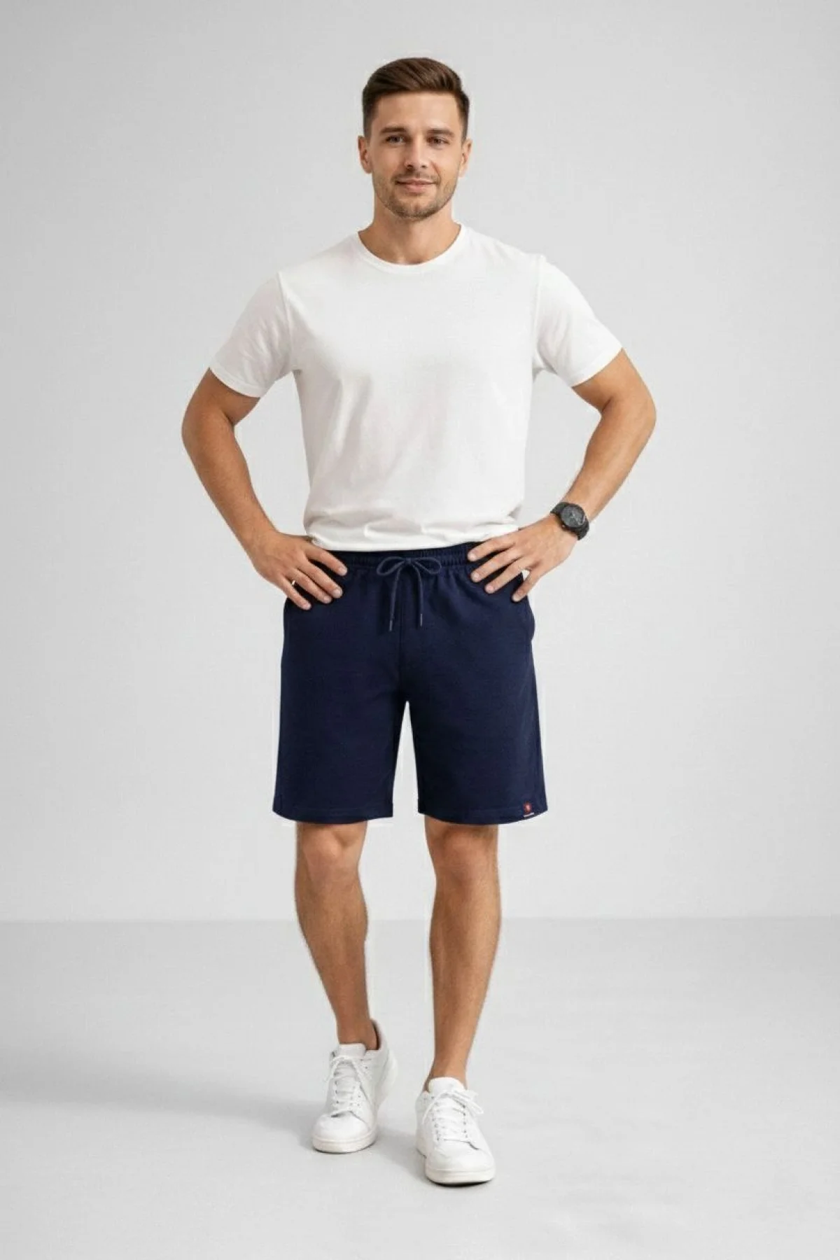 Erkek otoban Dokuma Şort Beli Lastikli Bağcıklı, Cepli, Rahat Kesim Günlük Yazlık Şort - Lacivert