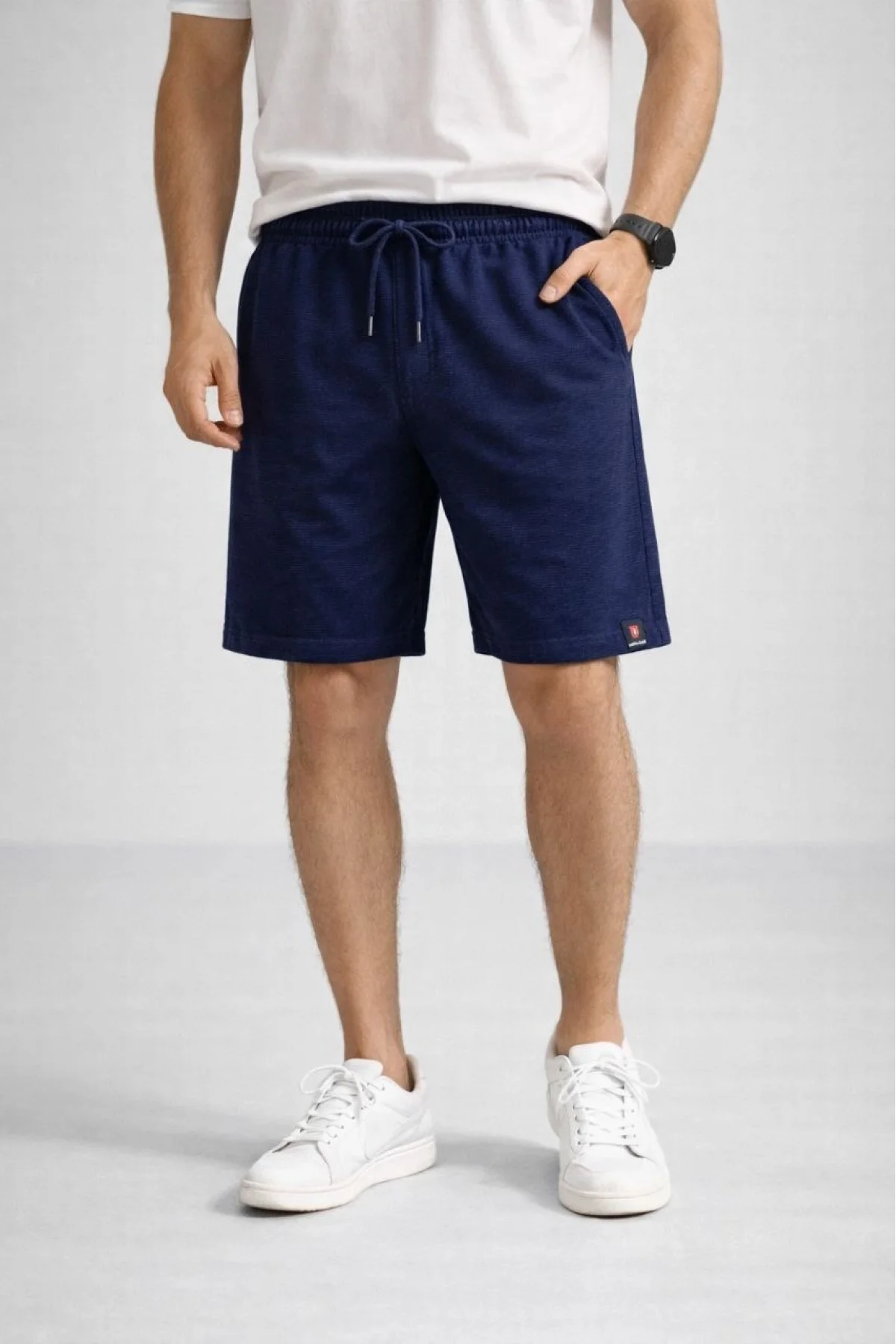 Erkek otoban Dokuma Şort Beli Lastikli Bağcıklı, Cepli, Rahat Kesim Günlük Yazlık Şort - Lacivert