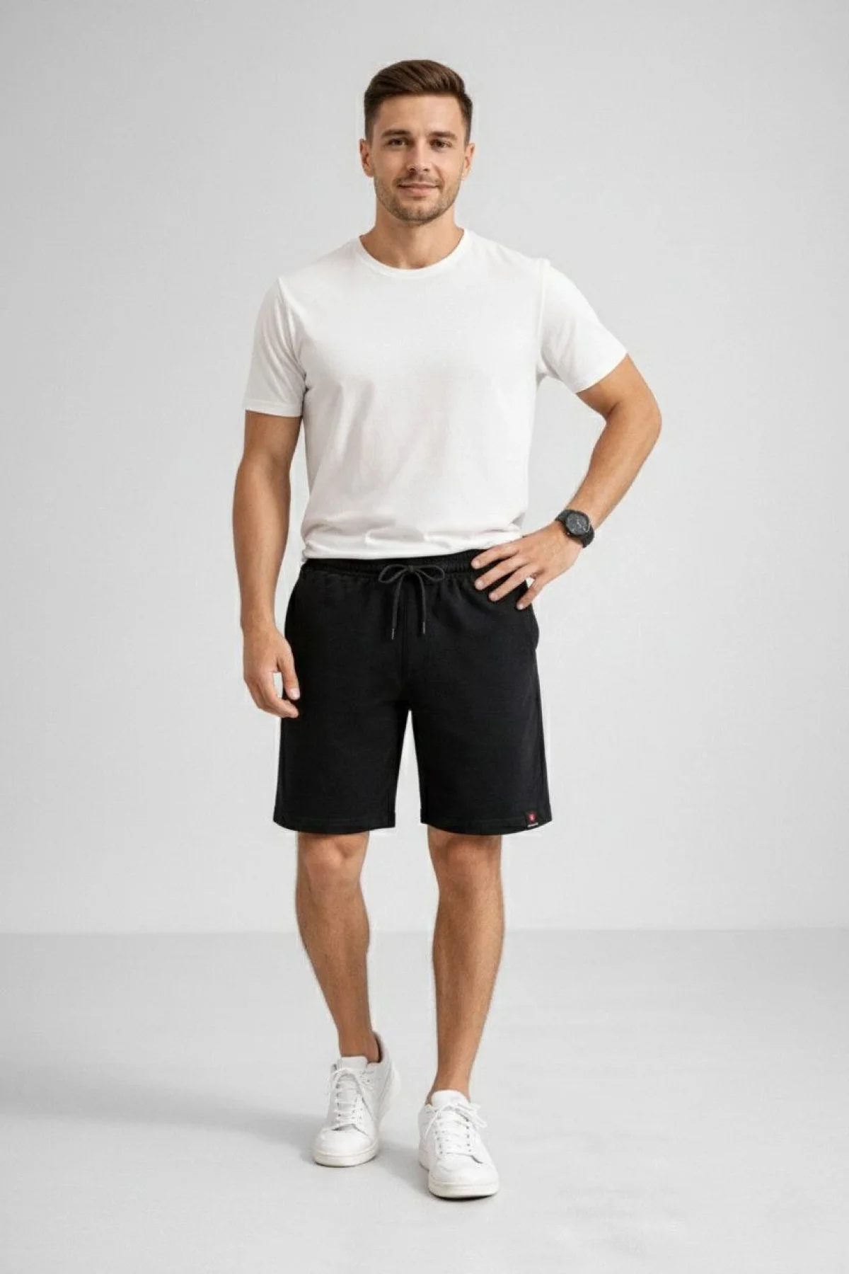 Erkek otoban Dokuma Şort Beli Lastikli Bağcıklı, Cepli, Rahat Kesim Günlük Yazlık Şort - Siyah