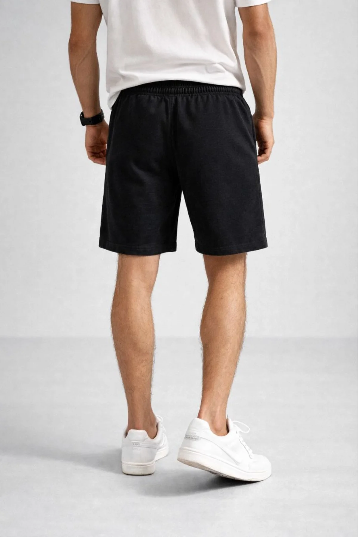 Erkek otoban Dokuma Şort Beli Lastikli Bağcıklı, Cepli, Rahat Kesim Günlük Yazlık Şort - Siyah