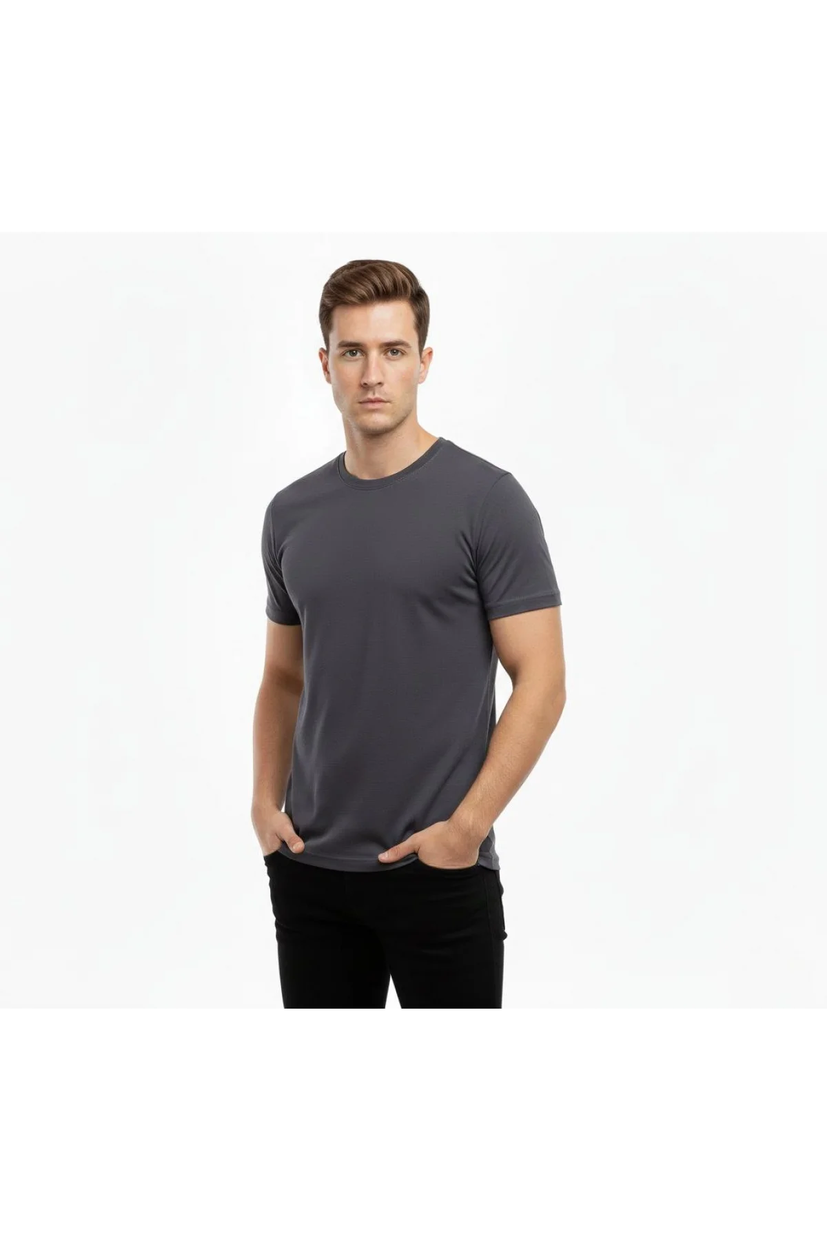 Erkek Bisiklet Yaka Slim Fit dar kesim Likralı Tişört - Füme