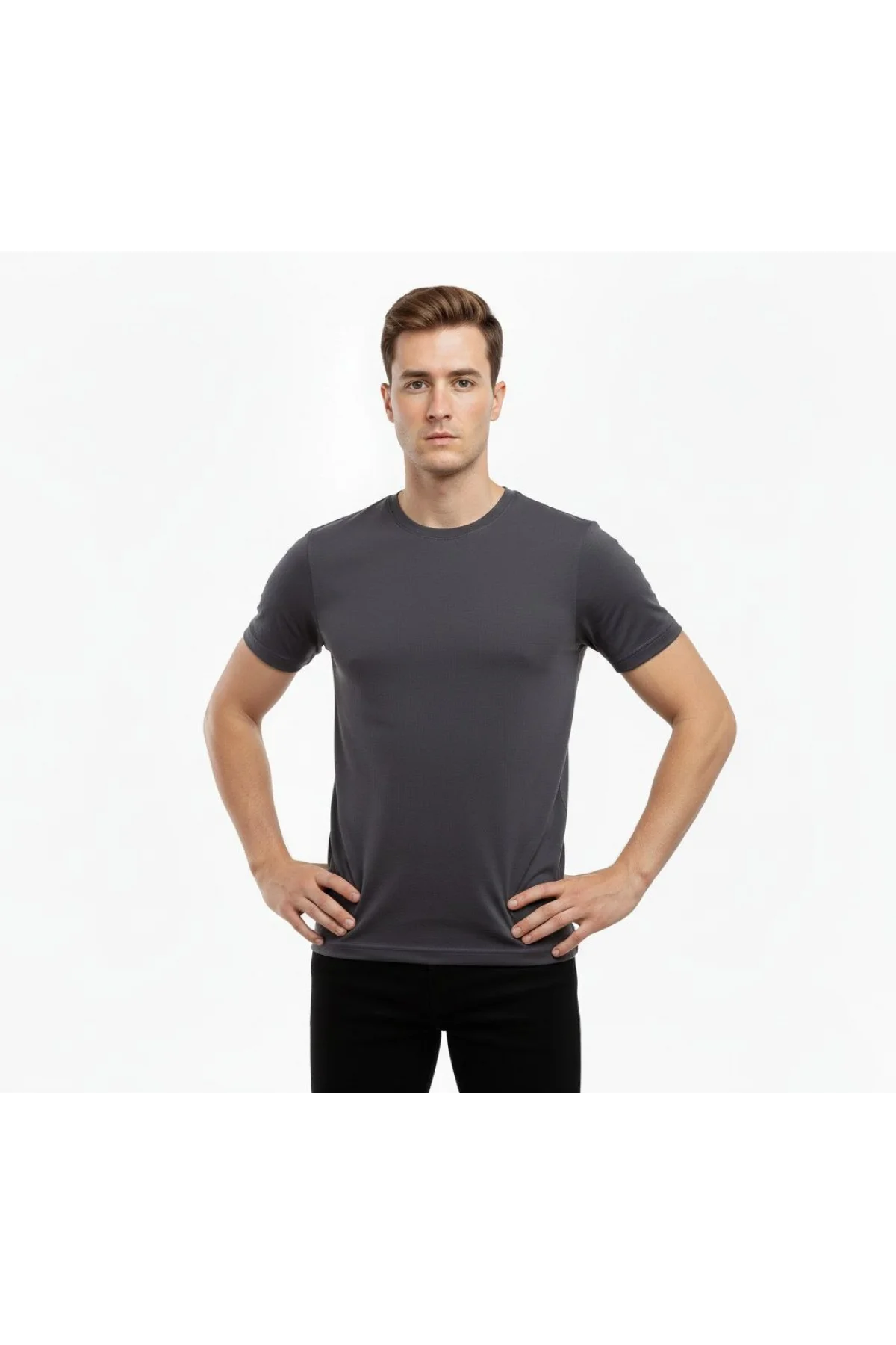 Erkek Bisiklet Yaka Slim Fit dar kesim Likralı Tişört - Füme