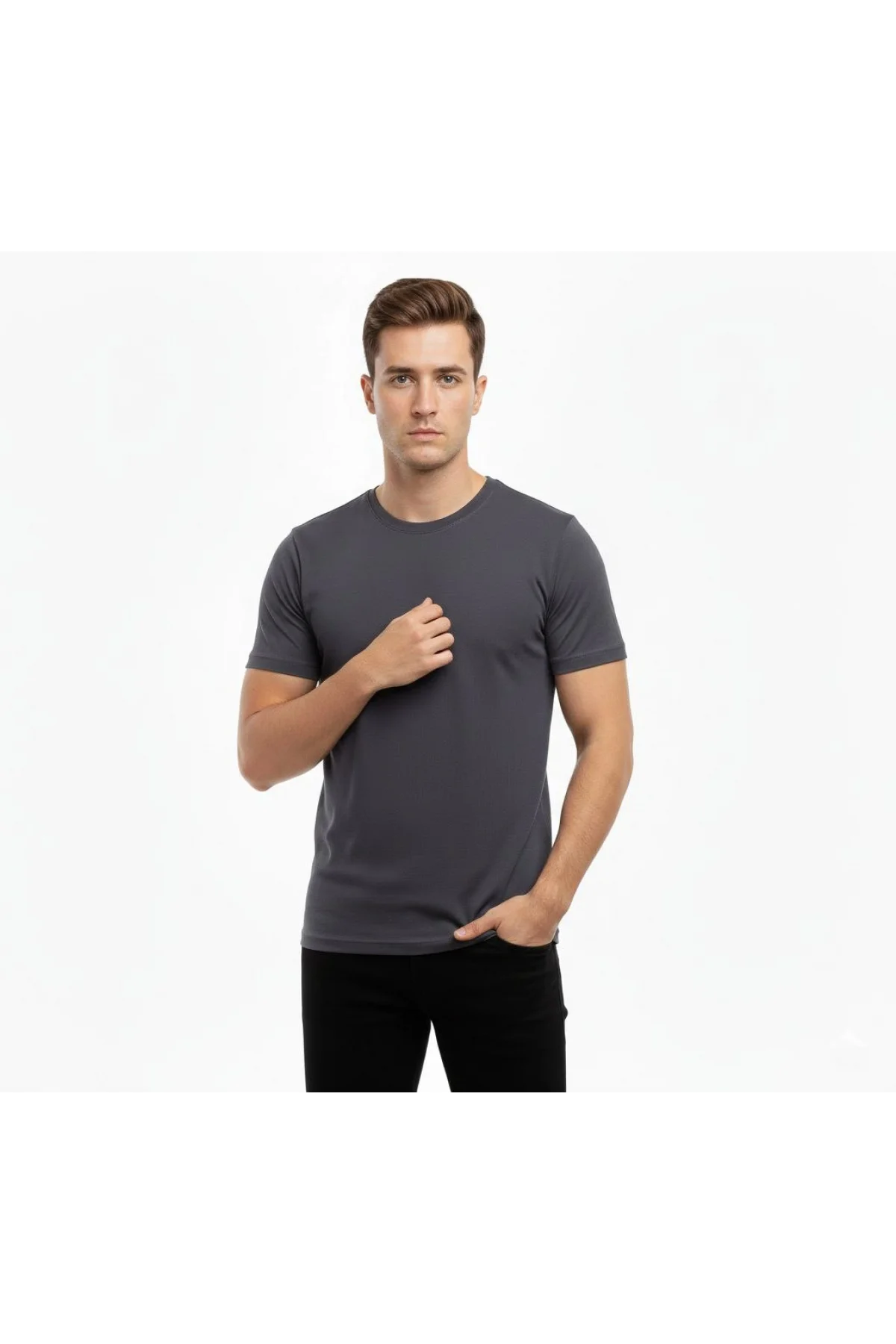 Erkek Bisiklet Yaka Slim Fit dar kesim Likralı Tişört - Füme