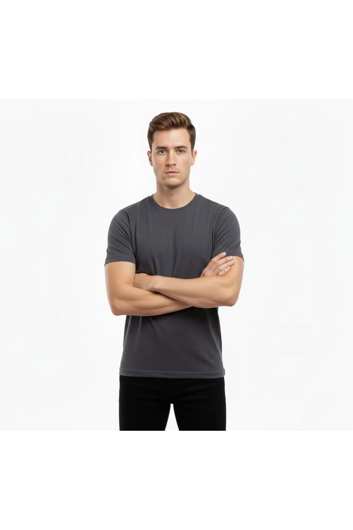 Erkek Bisiklet Yaka Slim Fit dar kesim Likralı Tişört - Füme