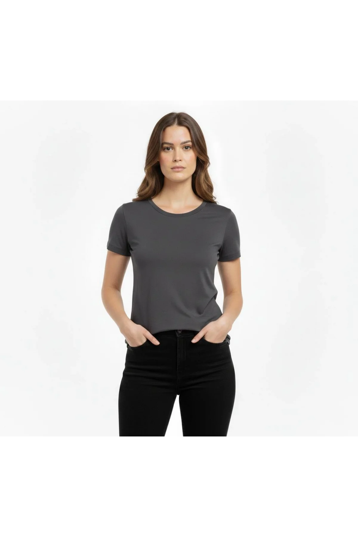 Kadın T-Shirt Bisiklet Yaka Slim Fit Likralı Tişört Günlük Basic Body - Füme