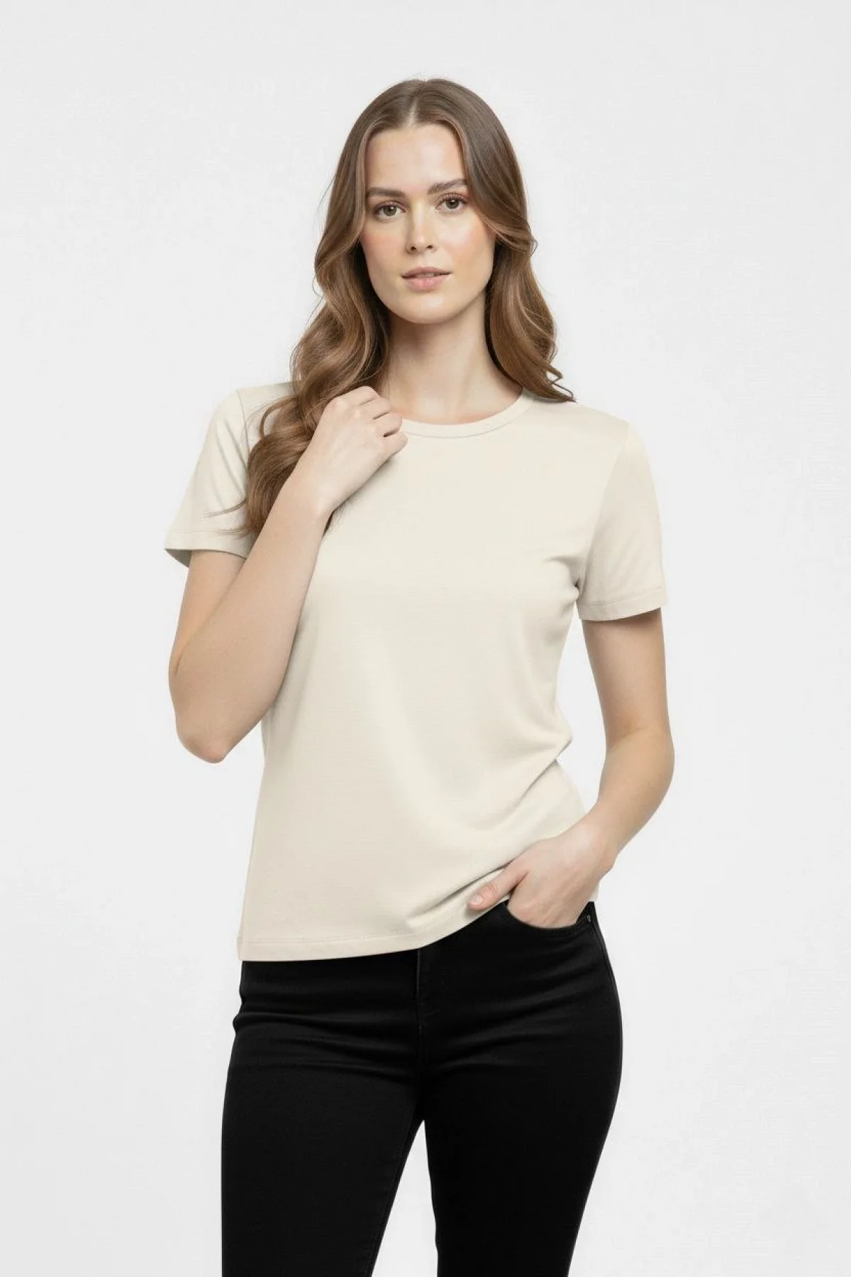 Kadın Bisiklet Yaka Slim Fit Likralı Tişört - Taş