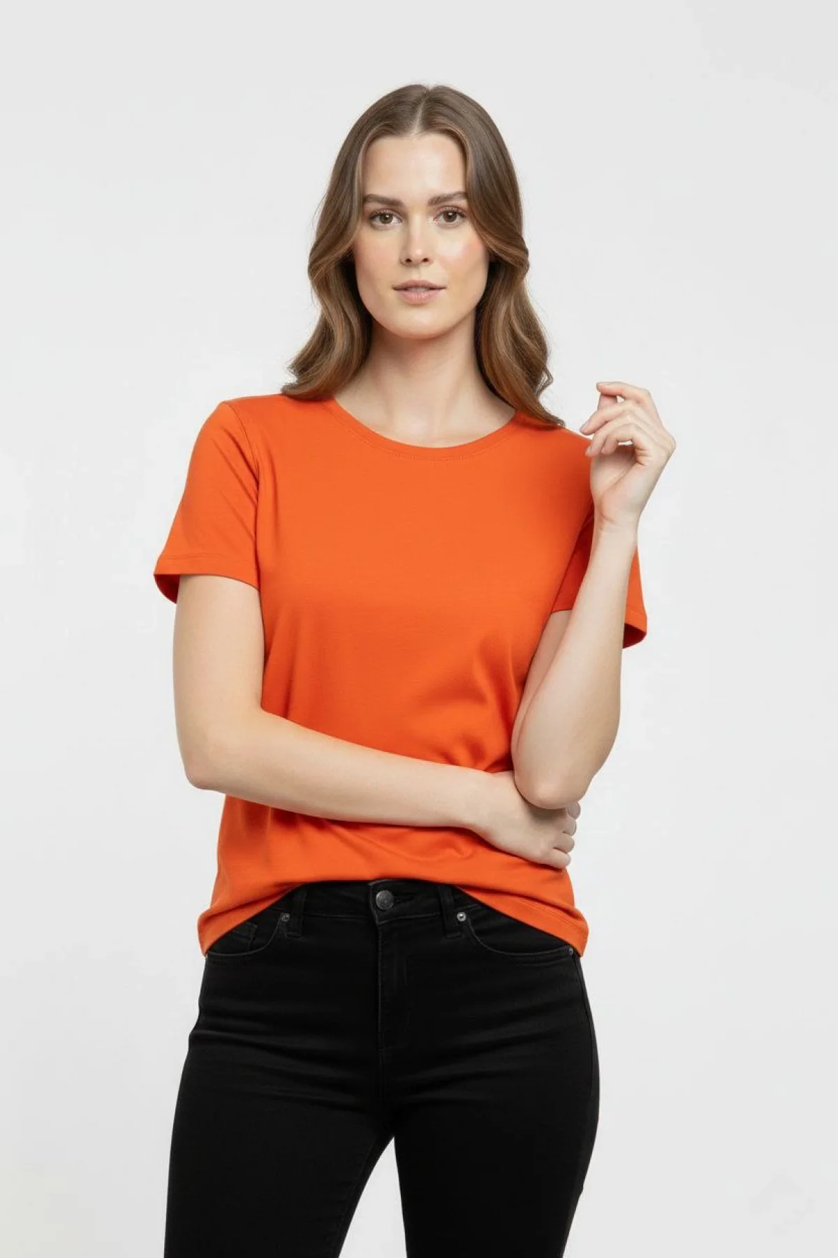 Kadın Bisiklet Yaka Slim Fit Likralı Tişört - Turuncu