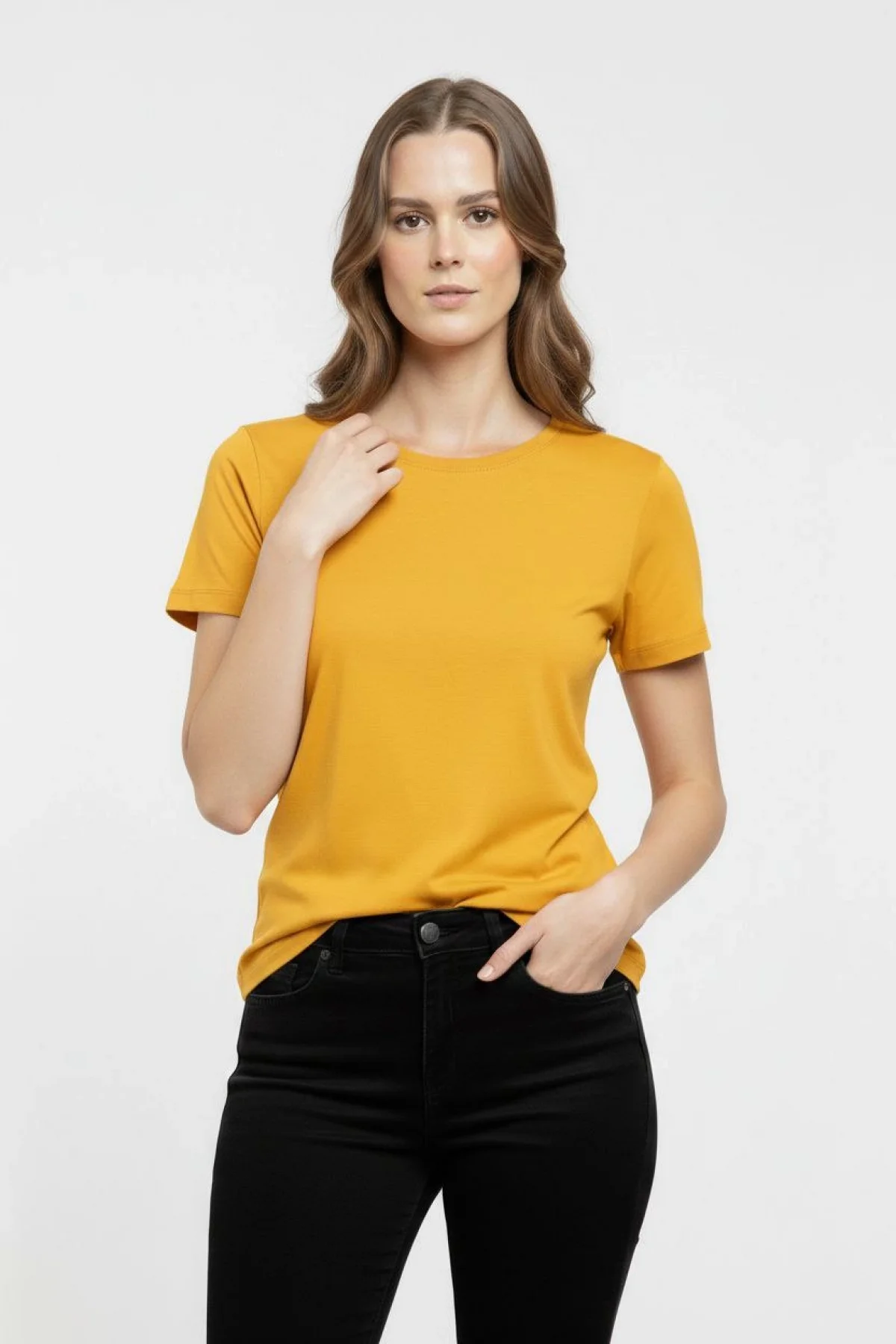 Kadın Bisiklet Yaka Slim Fit Likralı Tişört - Sarı