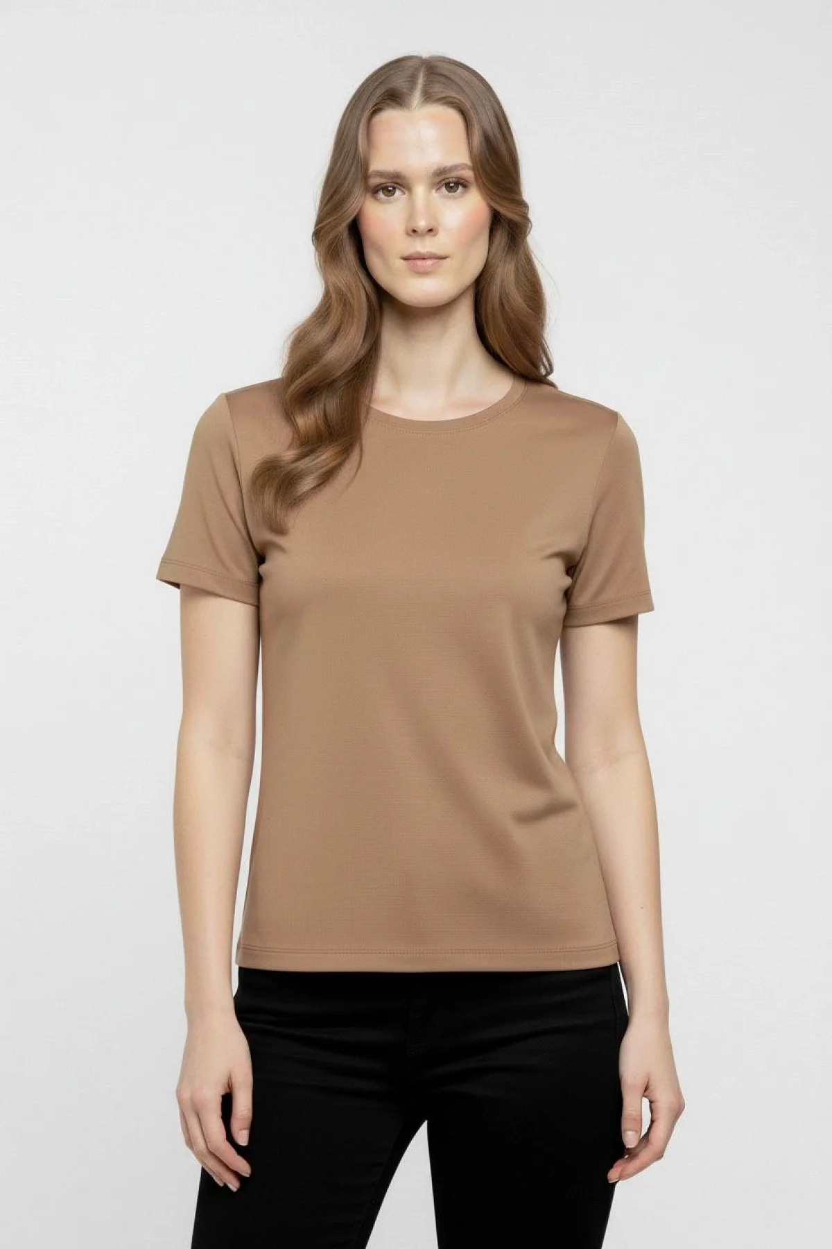 Kadın T-Shirt Bisiklet Yaka Slim Fit Likralı Tişört Günlük Basic Body - Kahverengi