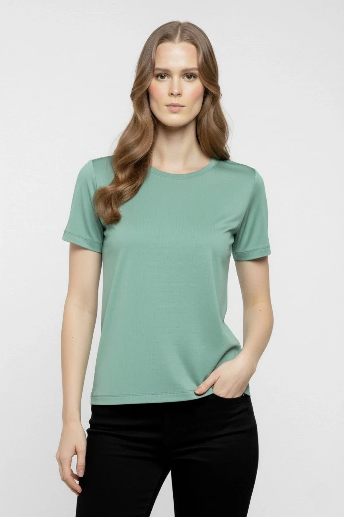Kadın T-Shirt Bisiklet Yaka Slim Fit Likralı Tişört Günlük Basic Body - Mint Yeşili