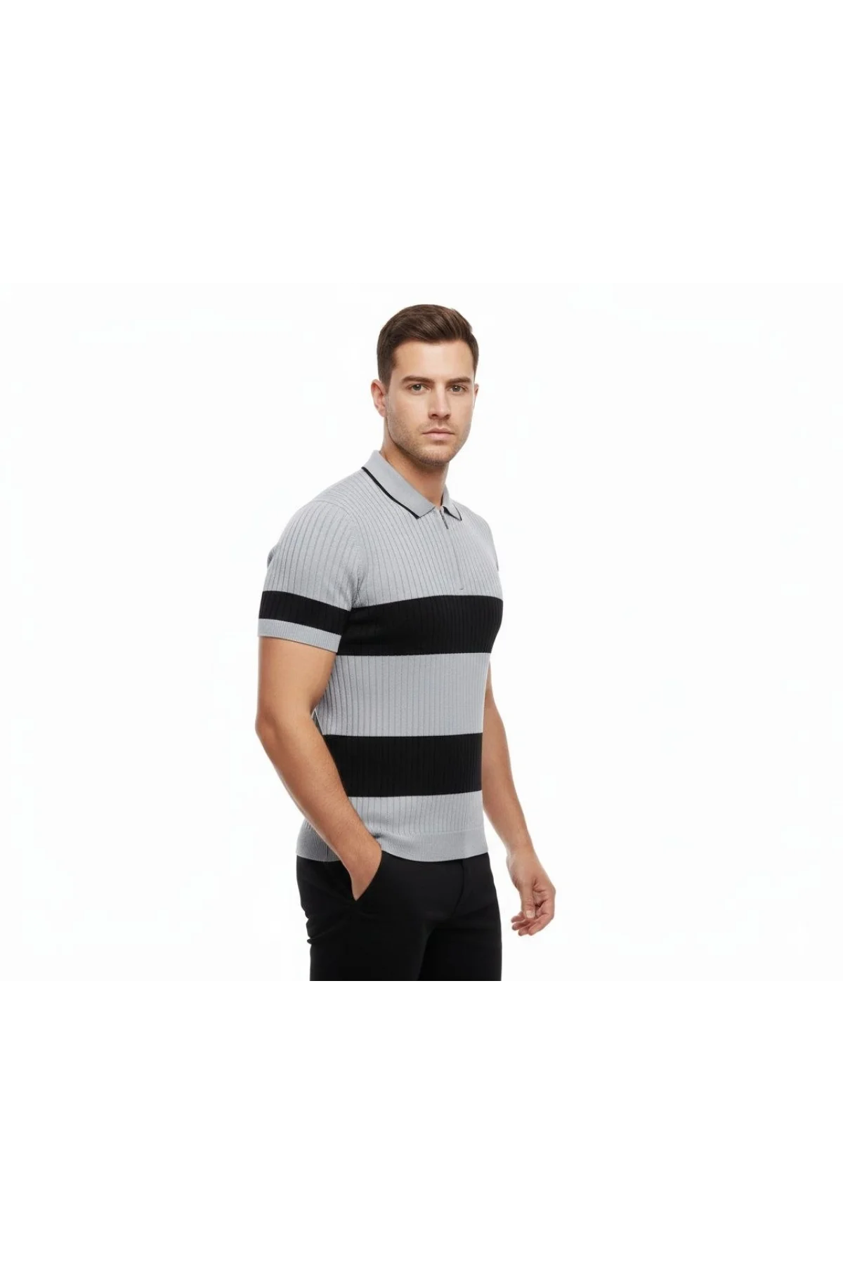 Erkek Çizgili Triko Dokuma Polo Yaka Yarım Fermuarlı Regular Kalıp Tişört - Gri