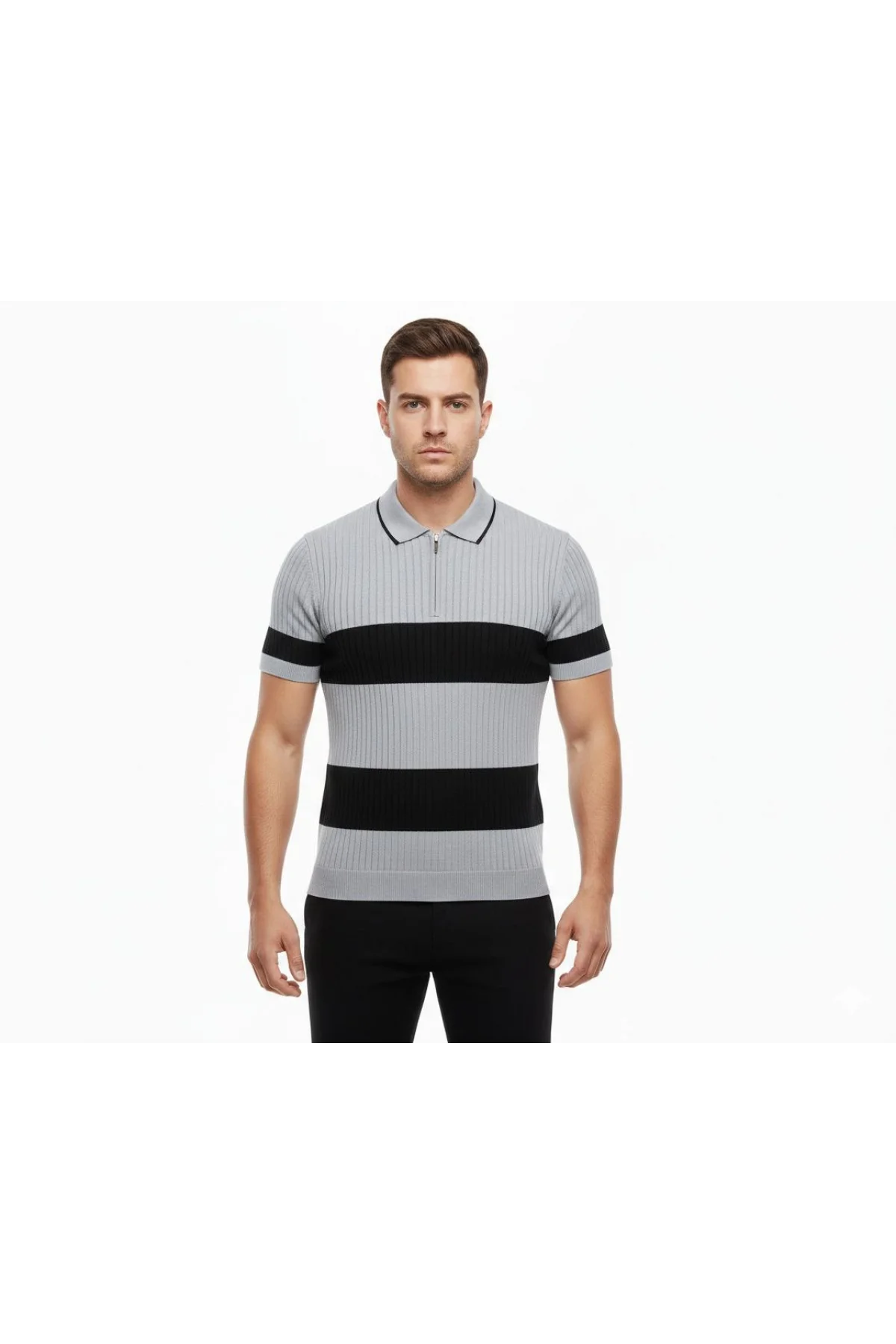 Erkek Çizgili Triko Dokuma Polo Yaka Yarım Fermuarlı Regular Kalıp Tişört - Gri