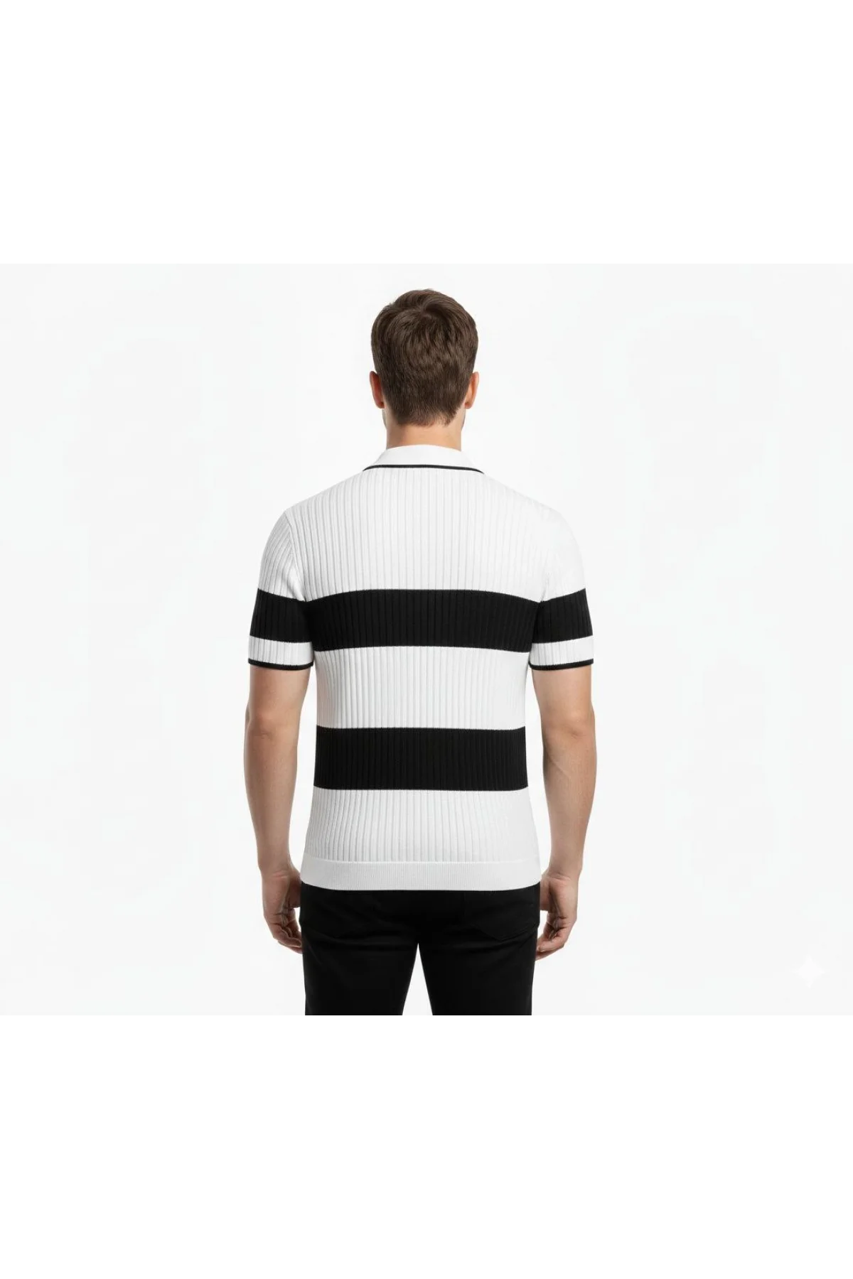 Erkek Çizgili Triko Dokuma Polo Yaka Yarım Fermuarlı Regular Kalıp Tişört - Beyaz