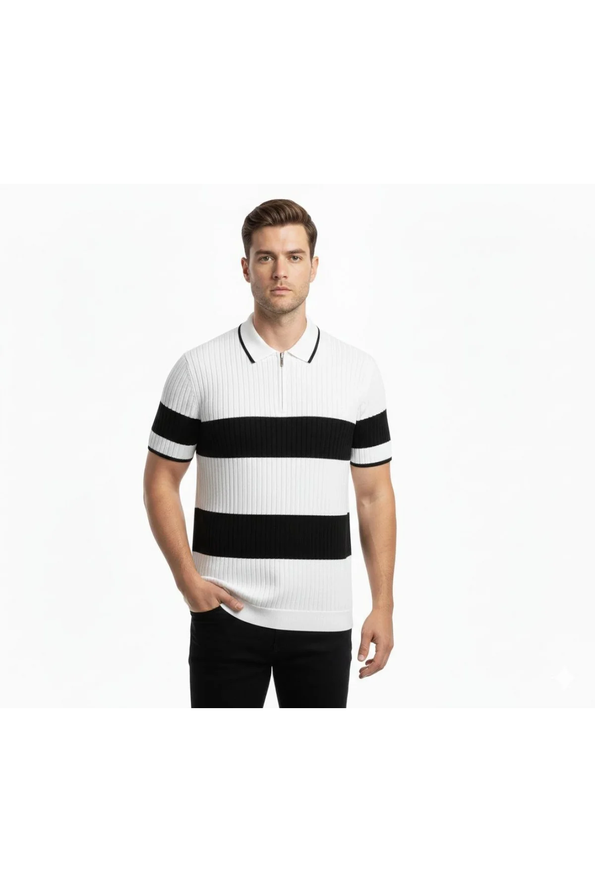 Erkek Çizgili Triko Dokuma Polo Yaka Yarım Fermuarlı Regular Kalıp Tişört - Beyaz