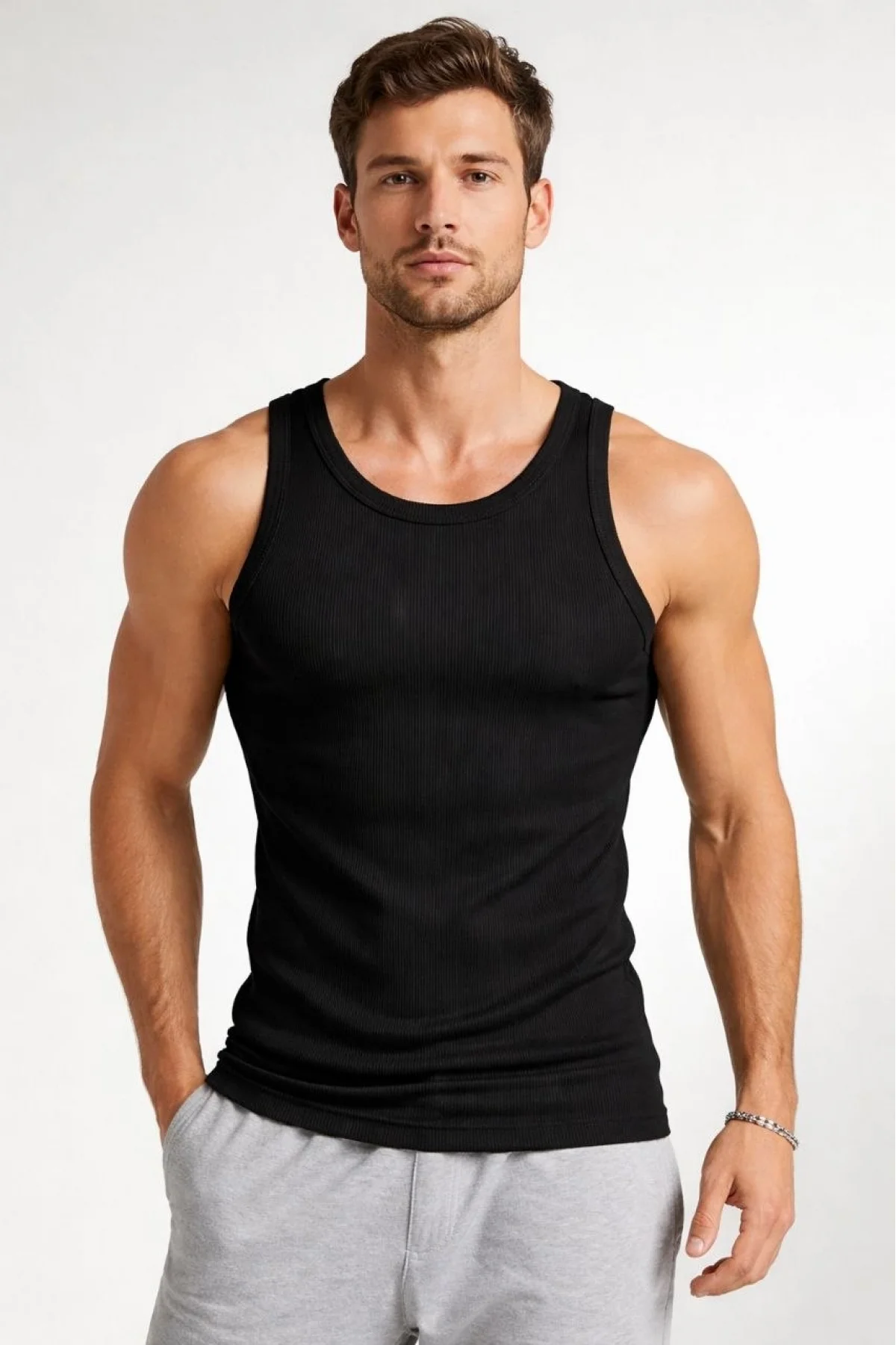 Erkek Spor Fitilli Atlet 3lü Set Beyaz Siyah Kahverengi Slim Fit Kaşkorse Arka Baskılı