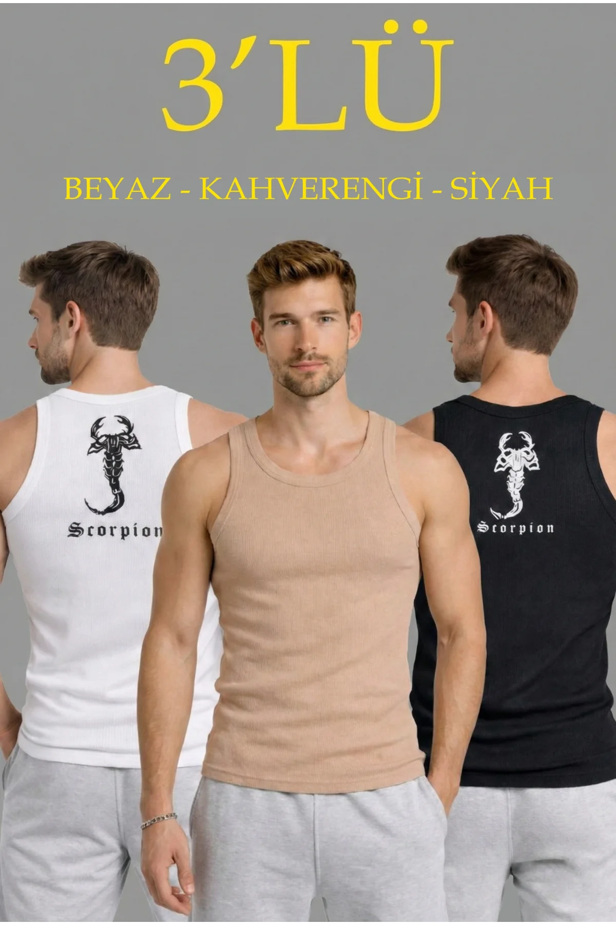 Erkek Spor Fitilli Atlet 3lü Set Beyaz Siyah Kahverengi Slim Fit Kaşkorse Arka Baskılı