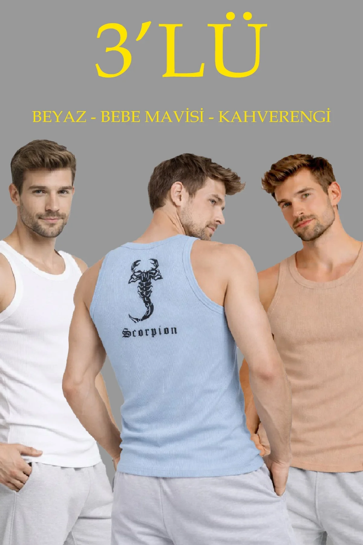 Erkek Spor Fitilli Atlet 3lü Set Beyaz Bebek Mavisi Kahverengi Slim Fit Kaşkorse Arka