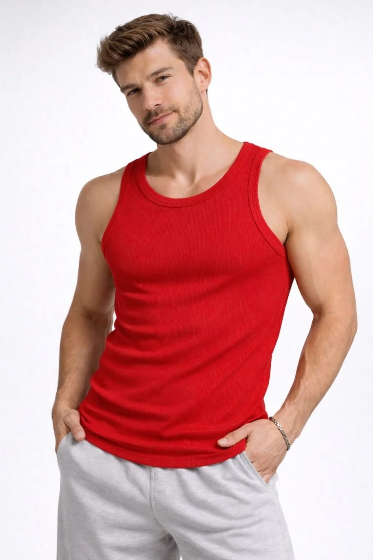 Erkek Spor Fitilli Atlet 3lü Set Beyaz Kırmızı Kahverengi Slim Fit Kaşkorse Arka Baskılı