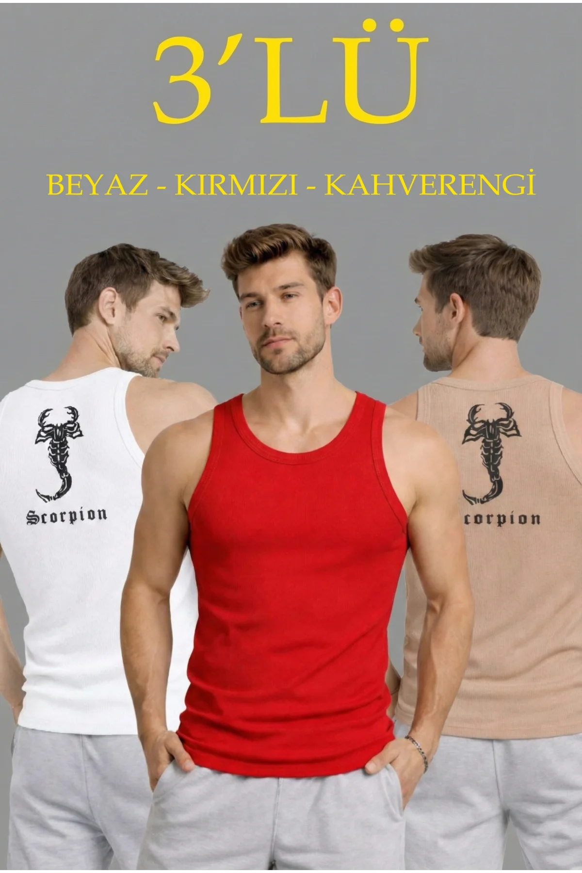 Erkek Spor Fitilli Atlet 3lü Set Beyaz Kırmızı Kahverengi Slim Fit Kaşkorse Arka Baskılı