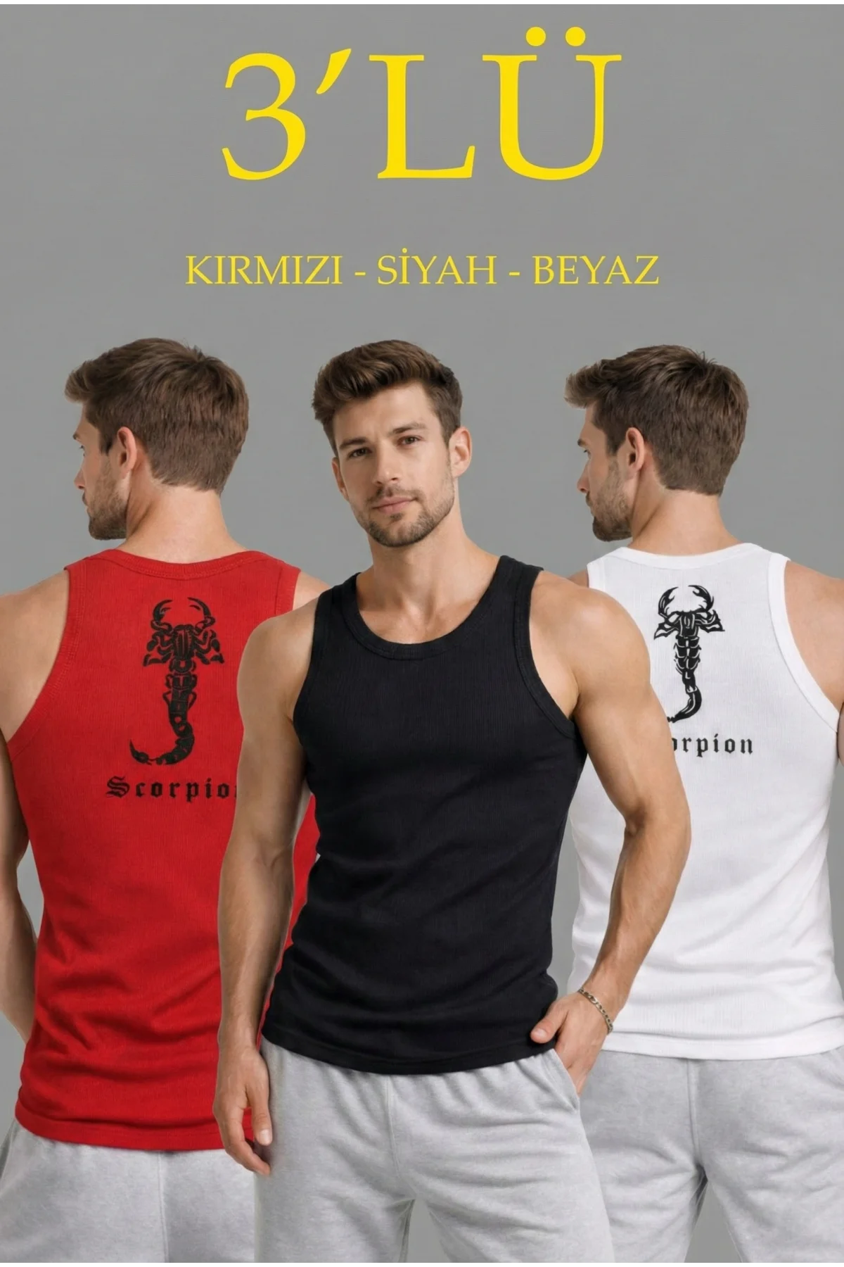 Erkek Spor Fitilli Atlet 3lü Set Kırmızı, Siyah ve Beyaz Slim Fit Kaşkorse Arka Baskılı Spor Atlet