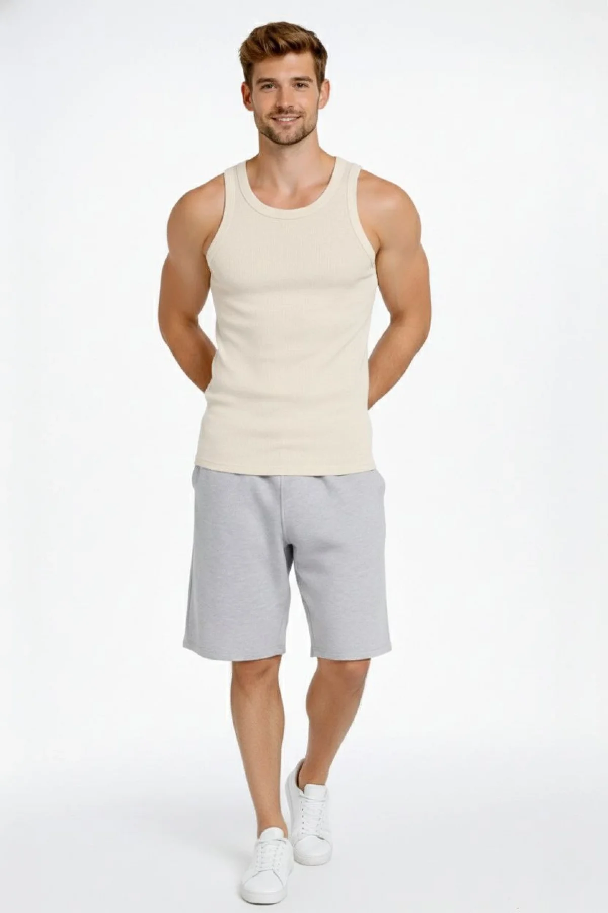 Erkek Spor Fitilli Atlet 2li Set Siyah ve Bej Slim Fit Kaşkorse Arka Baskılı Spor Atlet