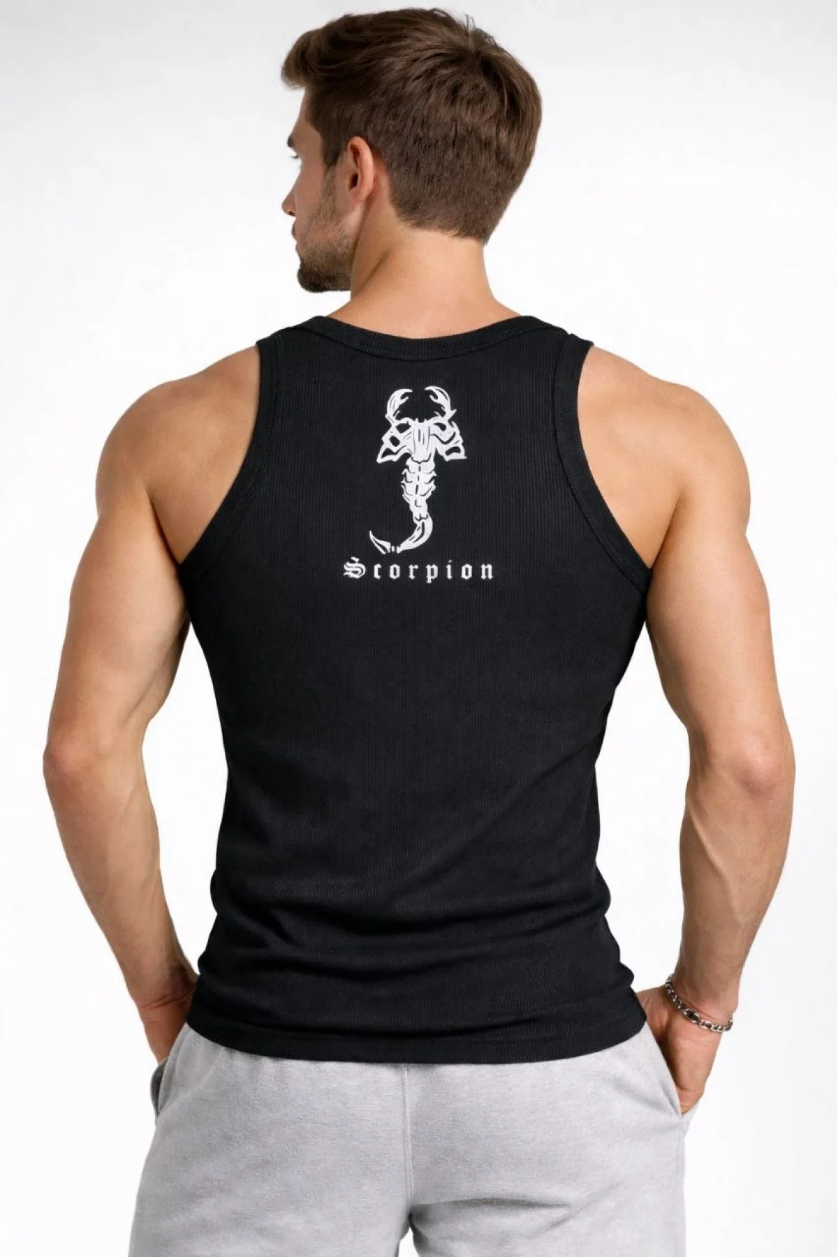 Erkek Spor Fitilli Atlet 2li Set Siyah ve Bej Slim Fit Kaşkorse Arka Baskılı Spor Atlet