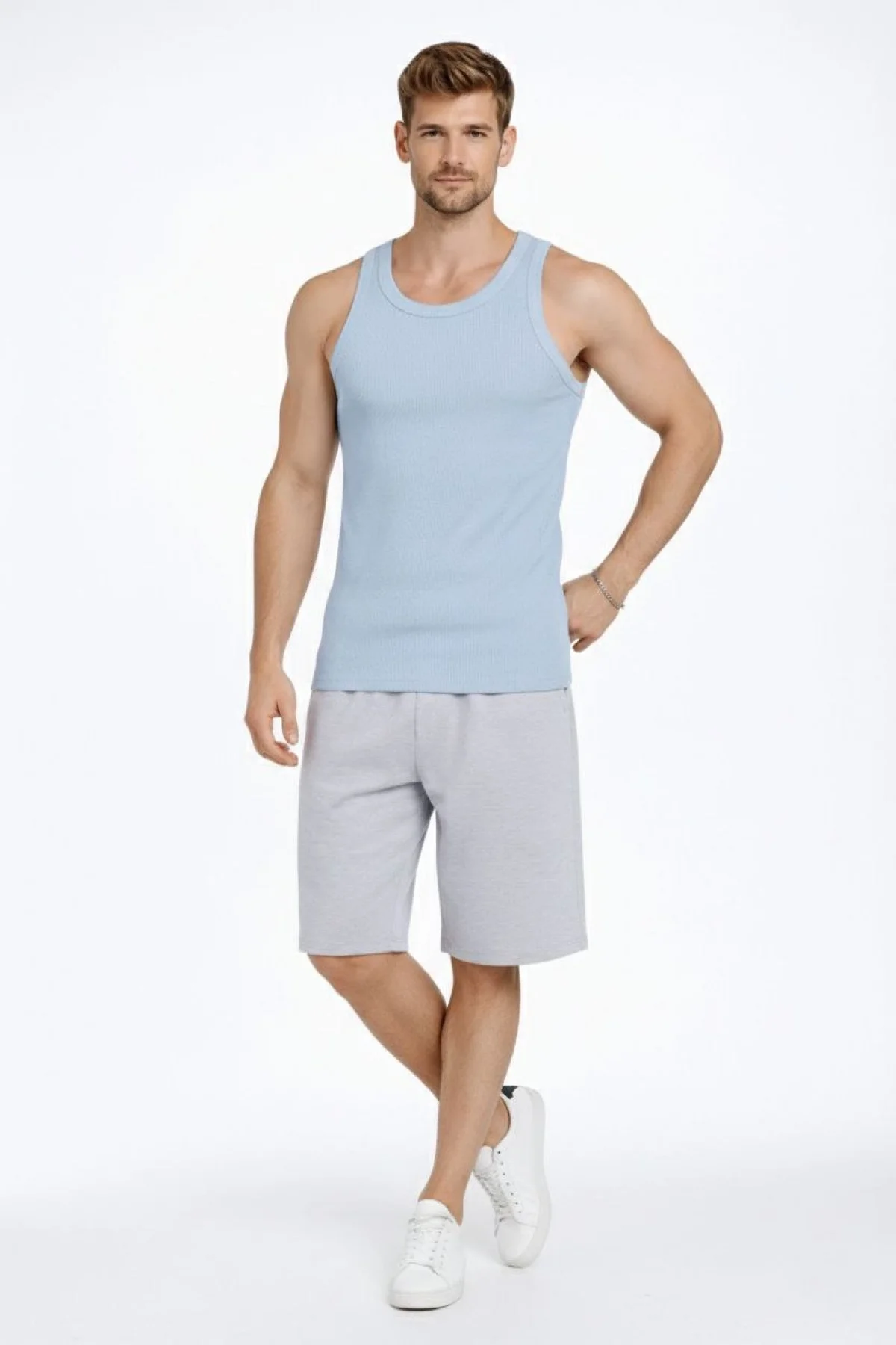 Erkek Spor Fitilli Atlet 2li Set Kahverengi Bebek Mavisi Slim Fit Kaşkorse Arka Baskılı