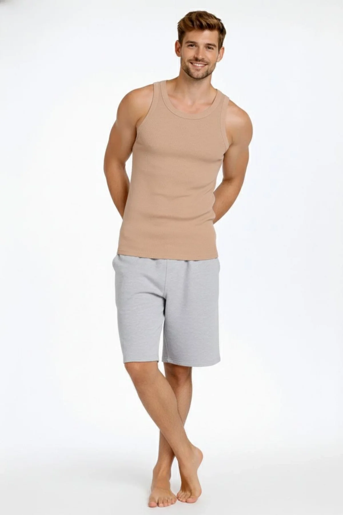 Erkek Spor Fitilli Atlet 2li Set Kahverengi Bebek Mavisi Slim Fit Kaşkorse Arka Baskılı