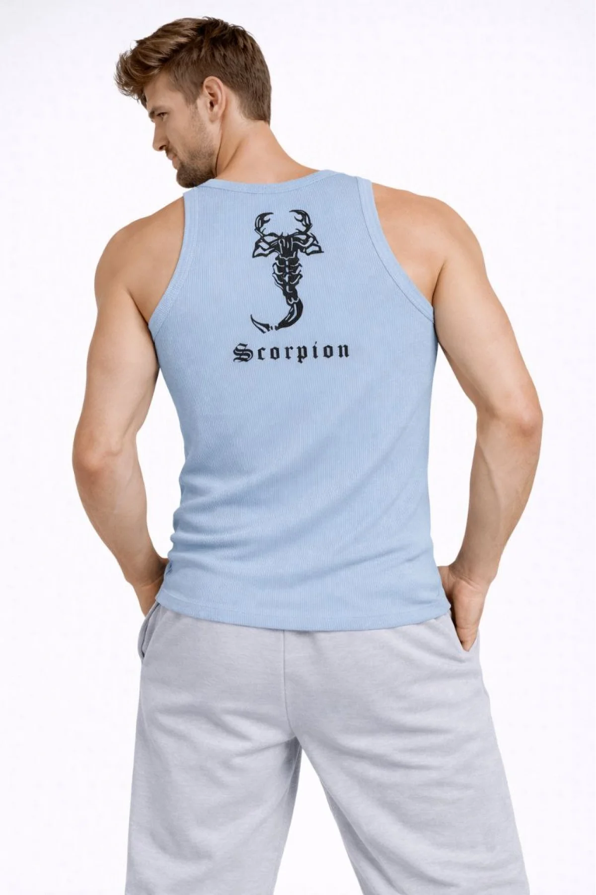 Erkek Spor Fitilli Atlet 2li Set Kahverengi Bebek Mavisi Slim Fit Kaşkorse Arka Baskılı