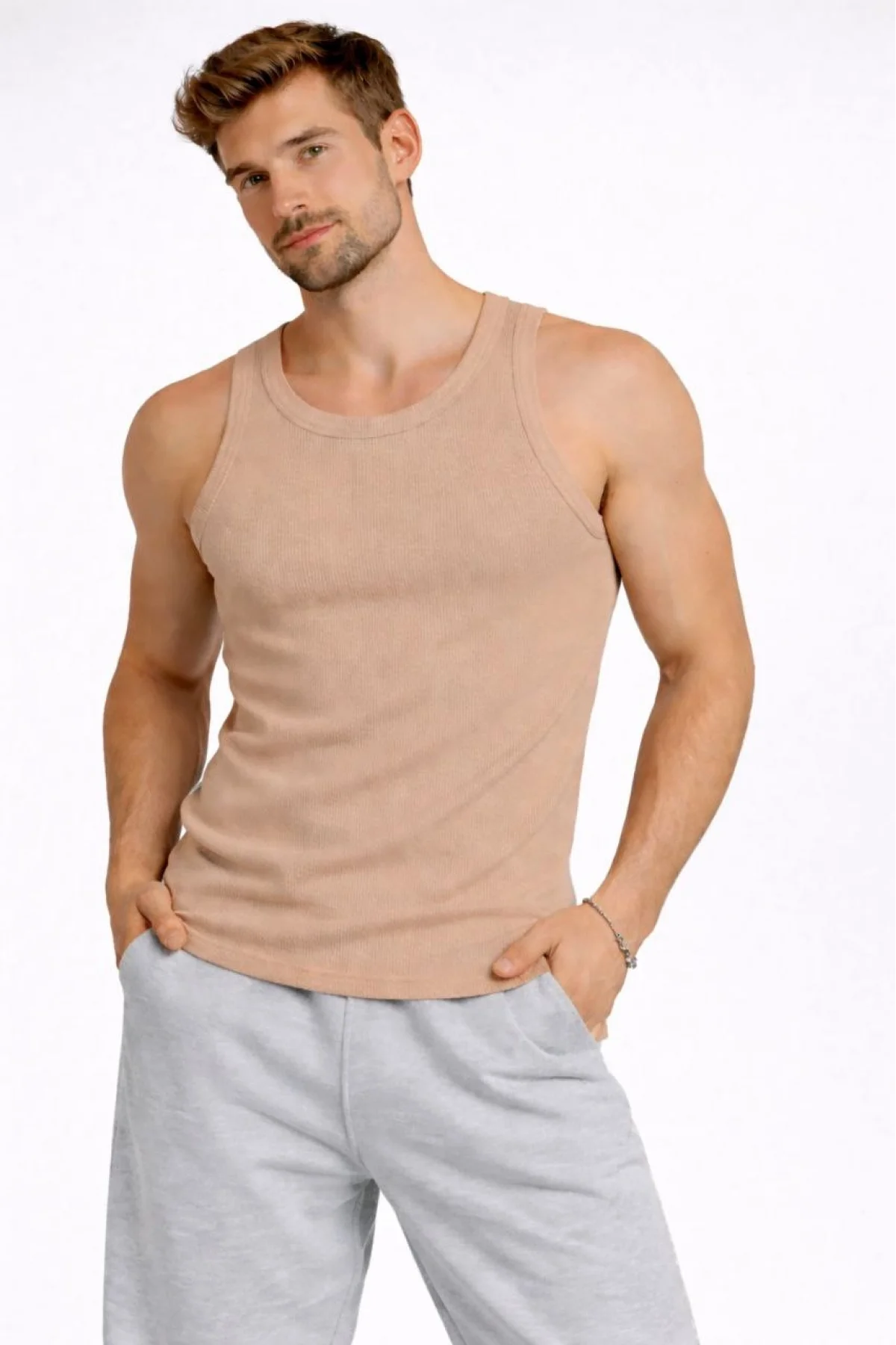 Erkek Spor Fitilli Atlet 2li Set Kahverengi ve Beyaz Slim Fit Kaşkorse Arka Baskılı Spor Atlet